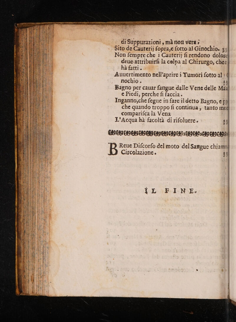 De ri di Suppurazioni , mà non vera; Sito de Cauterij fopra,e fotto al Ginochio. 33| Non fempre che i Cauterij fi rendono dolonif deueattribuirfi la celpa al Chirurgo, chet . hàfatti. Auuertimento nell’aprire i Tumori fotto al (|| nochio . 13 Bagno per cauar fangue dalle Vene delle Maal e Piedi, perche fi faccia. Inganno;che fegue in fare il detto Bagno, e tp che quando troppo fi continua , tanto mad comparifca la Vena L'Acqua hà facoltà di rifoluere. 43 CLIC AICRS PRIORI RIA CAI RIS LEZIAIS (AS CAILANI ID Reue Difcorfo delmoto del Sangue chiami Circolazione 33 {IL FINE.