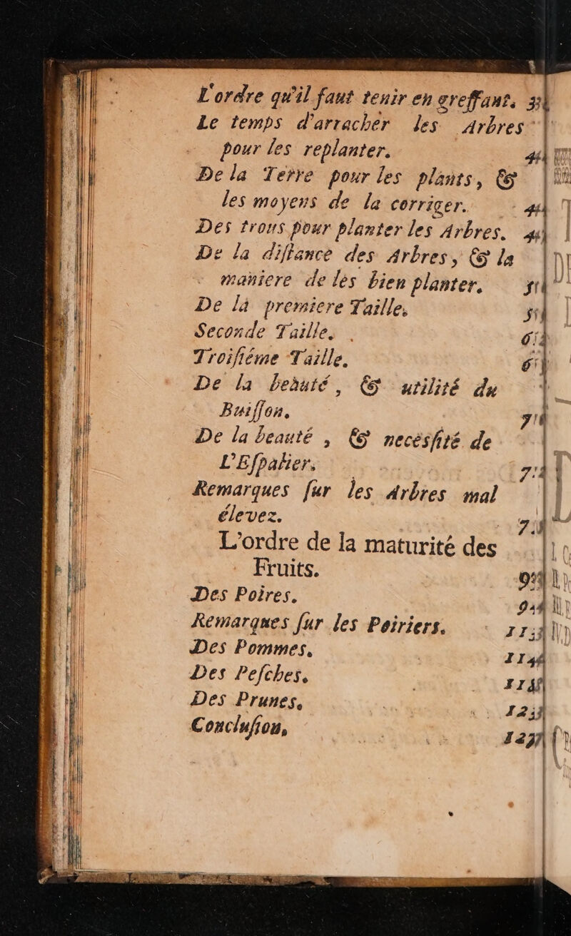 pour les replanter. 4 D. 4 j | AA ru les moyens de La corriger. maniere de les bien Planter, De là premiere Taille, Seconde Taille. Troifiéme “Taille. De la beuté, € urilité du Buifion. De la beauté | &amp; necéshité de L'Efpalier, Remarques fur les Arbres mal élevez. L'ordre de la maturité des Fruits. Des Poires. Remarques [ur les Poeiriers. Des Pommes, Des Pefches. Des Prunes, Conclufion, # #}