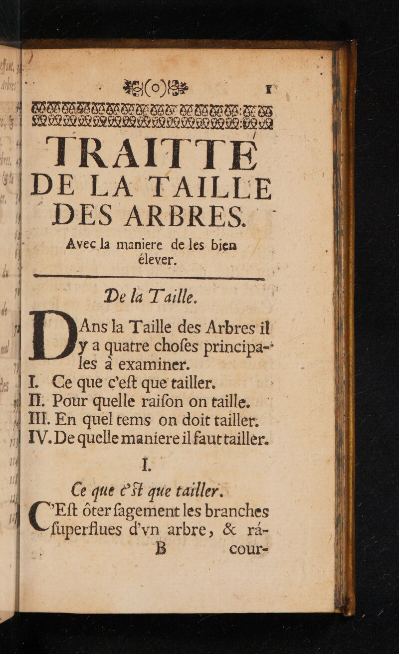 e : HEC 7 | RD aan oran HR dd | JRAITTE ‘IDE LA TAILLE | DES ARBRES. : | y) | Avec la maniere de les bien 1 élever. h À  De la Taille. Ans la Taille des Arbres il ÿ a quatre chofes principa-: | les à examiner. FE que c’eft que tailler. \ IE. Pour quelle raifon on taille. À IL. En queltems on doit tailler. | IV. De quelle maniereil fauttailler. 21. | Ce que SE que tailler. l C7: ôter fagement les branches füuperfiues d’vn arbre, &amp; ra- B cour-