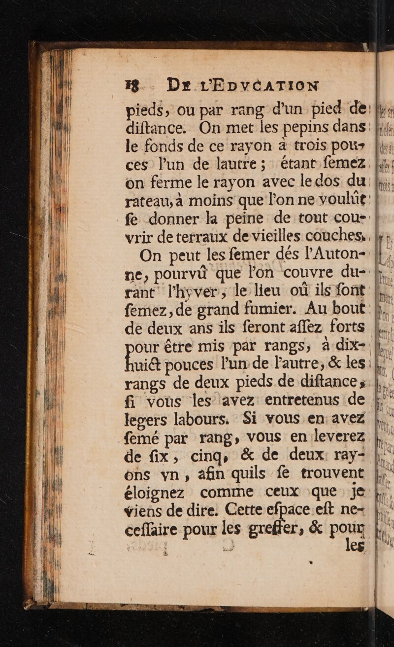 pieds, ou par rang d’un pied de:k, diftance. On met les pepins dans: le fonds de ce rayon à trois pour li; ces l’un de lautre; étant femez |,; on ferme le rayon avec ledos du: |;,. rateau, à moins que l’on ne voulüt | vrir de terraux de vieilles couches, kr; On peut les femer dés l'Auton- |}, ne, pourvü que lon couvre du- |. rant l’hyver, le lieu où ils font |}. femez, de grand fumier. Au bout h. de deux ans ils feront aflez forts À. our être mis par rangs, à dix-:h., Éui@ pouces l'un de l'autre, &amp; les}; rangs de deux pieds de diftances. },,, fi vous les avez entretenus de À lepers labours. Si vous en avez À. femé par rang, vous enileverez |, de fix, cinq, &amp; de deux ray- |” ons yn, afin quils fe trouvent |, éloignez comme ceux que Je viens de dire. Cette efpace.eft ne+ À. ceffaire pour les grefier, &amp; pou ke