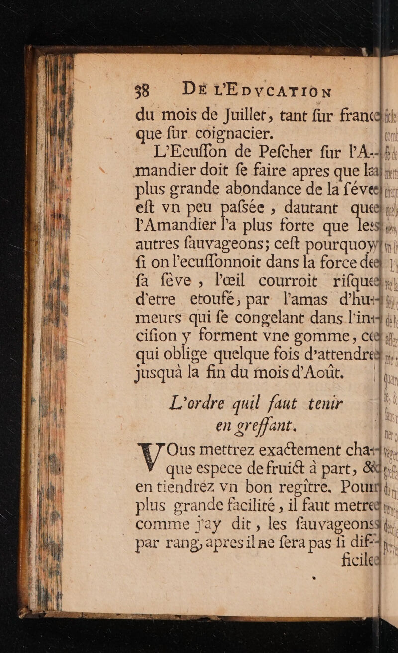 du mois de Juillet, tant fur franck: que für. coignacier. _ L’Ecuñflon de Pefcher fur l'A-44: plus grande abondance de la féveeli: eft van peu pañée , dautant quel; PAmandier l’a plus forte que lets},, autres fauvageons; ceft pourquoy|i} fi on l’ecuflonnoit dans la force deel |: fa fève , l'œil courroit rifque};, d'etre etoufe, par l’amas d'hudy. meurs qui fe congelant dans l'in cifion y forment vne somme, cé, qui oblige quelque fois d'attendre}. jusquà la fin du moisd'Août. |, L'ordre quil faut tenir en greffant. TOus mettrez exactement ca fs que espece de fruict à part, 8%, entiendréz vn bon regitre. Poun}{. plus grande facilite , il faut metredw. comme jay dit, les fauvageonsdé, par rang, apresilne fera pas fi dif}. ficiled: