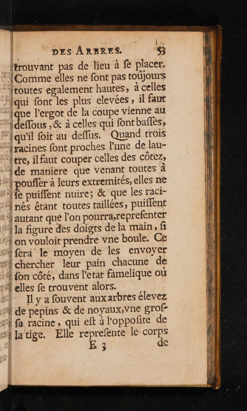 Le DES ARPRES. 53 ftrouvant pas de lieu à fe placer. : 1Comme elles ne font pas toujours toutes egalement hautes, à celles ‘qui font les plus elevées il faut ii l'ergot de la coupe vienne au ‘ideflous ,&amp; à celles qui font baflés, qu'il foit au deffus. Quand trois if racines font proches l’une de lau- fre, ilfaut couper celles des côtezs ‘ide maniere que venant toutes à {pouffer à leurs extremités, elles ne if {e puiffent nuire; &amp; que les raci- it nés étant toutes taillées, puiflent {autant qué l'on pourra;re prefenter fa figure des doigts de la main, fi “on vouloit prendre vne boule. Ge ïté fera le moyen de les envoyer “chercher leur pain chacune de 11 fon côté, dans l'etat famelique où 1 elles fe trouvent alors. Hf- Ily a fouvent auxarbres élevez Al de pepins &amp; de noyaux;vne grof- NÉ fe racine, qui eft à l'oppoñite de “flatige. Elle reprefente le corps BE 3 de A AGE w|