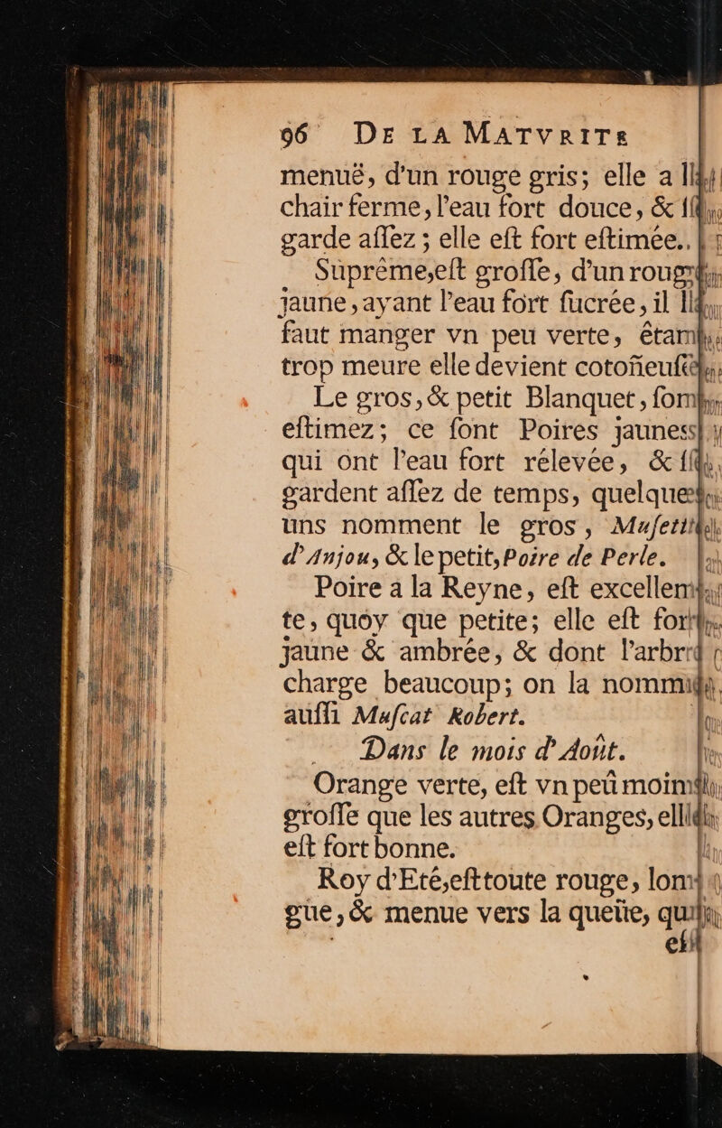 menuê, d’un rouge ris; elle a 14}: chair ferme, l’eau fort douce, &amp; 1, garde aflez ; elle eft fort eftimee.. fr Suprème,elt groffe, d’un rougi; jaune , ayant l’eau fort fucrée, il 14, faut manger vn peu verte, étam,, trop meure elle devient cotoñeuft};; Le gros,&amp; petit Blanquet, fomi, qui ont l’eau fort relevée, &amp;ff, gardent aflez de temps, quelque; uns nomment le gros, Mufetit}i] d'Anjou, &amp; le petit, Poire de Perle. }, Poire a la Reyne, eft excellem;} te, quoy que petite; elle eft fort}. jaune &amp; ambrée, &amp; dont larbr'Ÿr charge beaucoup; on là nommil}. auffi Mafcat Robert. lo Dans le mois d Aout. Orange verte, eft vn peû moiml; groffe que les autres Oranges, ellidh eit fort bonne. k Roy d'Eté,efttoute rouge, lomÿx gue,&amp; menue vers la quete, dr D | at Li