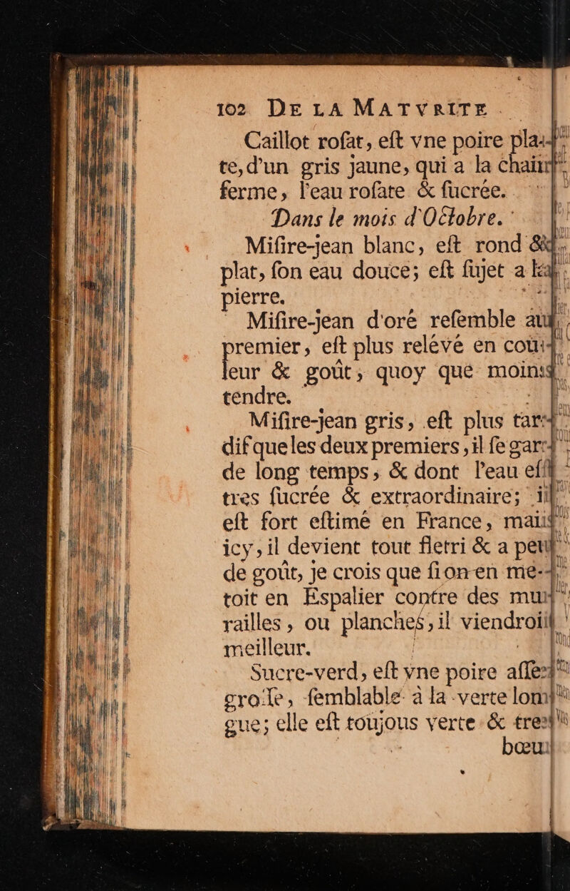 Caillot rofàt, eft vne poire ta L: te, d’un gris jaune, qui a la chair ferme, l'eau rofate &amp; fucree. Dans le mois d'Octobre.’ | Mifire-jean blanc, eft rond 8x}, plat, fon eau douce; eft fujet a ke ke pierre. Mifire-jean d'oré refemble au T remier, eft plus relévé en cou: Ru &amp; goût, quoy qué moins tendre. A Mifire-jean gris, .eft plus à tard difqueles deux premiers ,il fe gar de de long temps; &amp; dont l'eau ef! . tres fucrée &amp; extraordinaire; ill eft fort eftimé en France, maiif! icyil devient tout fletri &amp; a peul” de goût, je crois que fion-en me:# toit en Espalier contre des mu railles, ou planches; viendroiil | meilleur. Sucre-verd, eft vne poire a gro:le, femblable à la verte lom}* eue; elle eft toujous verte &amp; tre2}li | bœu: