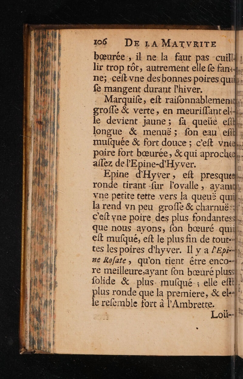 bœurée:, il ne la faut pas -cuilld; lir trop tôt, autrement elle fe fanad},, ne; .ceft vne des bonnes poires quuik, fe mangent durant l'hiver. L Marquife, eft raifonnablemenit,, grofle &amp; verte, en meuriffantel4}. le devient jaune; fa queüe ef}. longue &amp;. menuë ;. fon eau ef; mulquée &amp; fort douce ; c’eft vncd. poire fort bœurée, &amp; qui aprochea.. aflez de l'Epine-d'Hyver. , Epine d'Hyver, eft presque, ronde tirant fur lovalle , ayant vne petite tette vers la queuë quil, la rend vn peu groffe &amp; charnuë ; C'eft yne poire des plus fondantess}. que nous ayons, fon bœuré. quil}. elt mufqué, eft le plus fin de tout-4.. tes les poires d’'hyver. Il y a ZEpieh, #€ Rofate, qu'on tient être enco-+ . re meilleure;ayant fon bœuré pluss}: iolide &amp; plus. mufqué:; elle efti},' plus ronde que la premiere, &amp; els2} le refemble fort à l'Ambrette. L Loii--}.