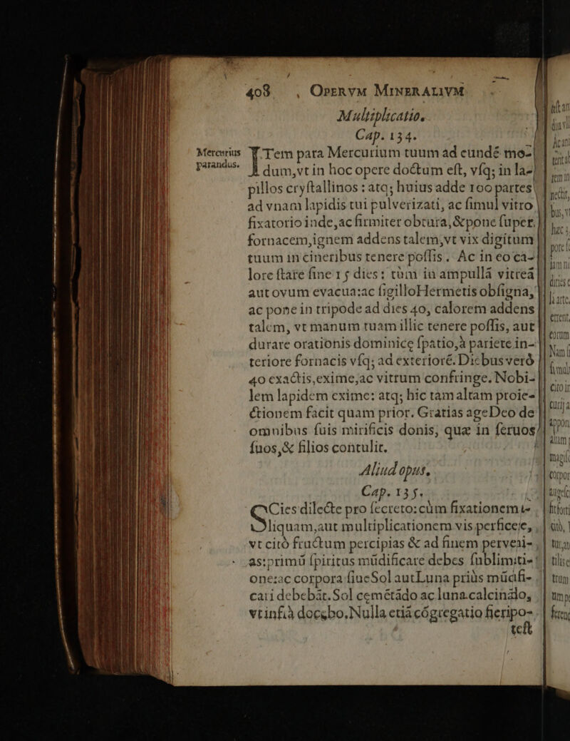 Multiplicatio. Cap. 154. nm Meresrius Y Tem para Mercurium tuum ad eundé mo-|. T d parandus. dum,vt in hoc opere do&amp;tum eft, víq; in la-| | E pillos cryftallinos : ato; huius adde roo partes | P. ad vnam lapidis tui pulverizati, ac fimul vitro || hs  fixatorio inde, ac firmiter obcara, &amp;poue fuper. J| E. fornacem,ignem addens talem;vt vix digitum |]; tuum in cineribus tenere poflis.. Ac in eoca-[I bui lore ftare fine 1 ; dies: tà in ampullá vitrea |], t | dinis autovum evacuazac figilloHermetis obfigna, |]... , , ] 44 olla ac pone in tripode ad dies 40, calorem addens L. | Vue talem, vt manum tuam illic tenere poffis, aut || D durare orationis dominice fpatio, pariete in- || Nim teriore fornacis víq; ad exterioré. Dicbusveró : 40 cxa&amp;tis,exime;ac vitrum confringe. Nobi- n lem lapidem exime: atq; hic tam altam proie- (m &amp;tionem facit quam prior. Gratias ageDeo de || uM omuibus fuis mirificis donis, que in feruos T f fuos,&amp; filios contulit. [ aum ; mg Aliud opus. í toro Cap. 13$. get Cies dile&amp;e pro fecreto: cüm fixationemus , | fri v Ns multiplicationem vis perfice;e, , | di, ! vt citó fractum percipias &amp; ad finem perveai- , | tuii as:primü fpiritus müdificare debes fublim;ti- ! | tili: one:ac corpora fiueSol autLuna priàs müafi- || tuy cati debebát.Sol cemétado ac luna.calcinzlo, || un, vtinfià docebo. Nulla etia cógregatio Besper | fa Ls