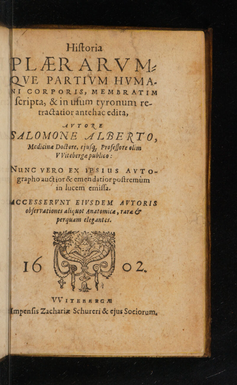 Hiftoria PLIERARVMe VE PARTIVM HVM A. NI CORPORIS,MEMBRATIM | Ícripta, &amp; in ufum tyronum re- | tractatior antehac edita, AVTORE PALOMONE .JLBERTO, Medicina Doctere, ejufa, Profeffore elim V Viteberga publico : NuNC vERO EX IPS1UuS AYTO- grapho auctior &amp; emen datior poft remum in lucem erniffa. MCCESSERVNI EIVSDEM AVTORIS obfervationes aliquot Anatomica , rara (7 perquam elegantes. |