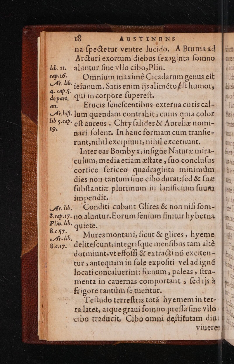 na fpe&amp;etur ventre lucido. À Brumaad | Ar&amp;uri exortum diebus fexaginta fomno P bb.ir - aluntur &amp;ne vllo cibo;Plin. ep15. — Omnium maxime Cicadarum genus eft | d iW ieiunum. Satisenim ijsaliméto Élt humor; | depat, qui in corpore fupereft. an. Erucis fenefcentibus externa cutis cal- e.bift- um quendam contrahit cuius quia color DT eftaureus, Chryfalides&amp; Aureliz nomi- : nati folent. In hanc formam cum traníte- runt,nihil excipiunt, nihil excernunt. Inter eas Bombyx;infigne Naturz mira- culum, media etiam xtate , füo conclufus cortice fericeo quadraginta minimüm dies non tantum (fine cibo dutat:fed &amp; fux impendit. Afr. lib... Conditi cubant Glires &amp; non nifi fom- $.c4p17. no aluntur.Eorum fenium finitur hyberna Plin. lib. quiete. E Mauresmontani, ficut &amp; glires; hyeme &amp;«i. delitefcunt;integrifque menfibus tam alté dormiunt.vteffofli &amp; extracti nó exciten- tut ; antequam in fole expofiti veladigné locati concaluerint: foenum , paleas ; ftta- menta in cauernas comportant , fed ijsà frigore cantüm fe tuentur. Teítudo terreftris totá hyememiin ter- ra latet, atque graui fomno preffa (ine vllo lt n. 1 B^ |