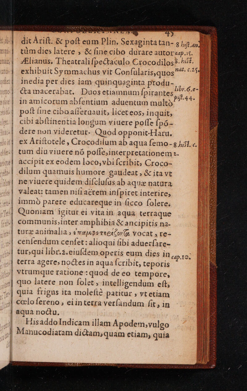 (lant Eres y dit Àrift. &amp; poft eum Plin. Sexagintatan- g lift an) tm dies latere ; &amp; finecibo durare autorap.is. £&amp;lianus, Theatralifpectaculo Crocodilos$- 557. | exhibuit Symmachus vit Confülaris,quos ^ ^* inedia per dies iam quinquaginta produ- Ctamacerabat. Duosetiamnum Ípirantes in amicorum abfentium aduentum multi oft (ine ciboafferaauit,; liceteos, inqait, cibi abítinentia longum viuere pofle fpó-. dere non videretut- Quod opponit-Haru. ex Atiftotelé , Crocodilum ab aqua femo- s jj5. «. n tum diu viuere nó poffe;interpretationem :. | accipit ex eodem loco,vbifcribit; Croco- dilum quamuis humore gaudeat , &amp; ita vt ne viuere quidem difclufus ab aqua natara valeat: tamen nifi attem infpiret interire, immó parere educareque in ficco folere, Quoniam igitur ei vitain aqua terraque communis;inter amphibia &amp; ancipitis na- turz animalia ; évejeoaeex cov vocat , te- cenfendum cenfet: alioqui (ibi aduerfare- tur;qui libr.z.eiufdem operis eum dies in, 1923 terta agere» noGtes in aqua Ícribit, teporis D vtrumque ratione : quod de eo tempore, tds quo latere non folet, intelligendum eft, | quia frigus ita molefié patitur » vt etiam ccclo fereno ; eiintetra ver(andum fit, in aqua noctu. ' : HisaddoIndicam illam Apodem,vulgo libr.6.e- l j j 3 p.44. AE