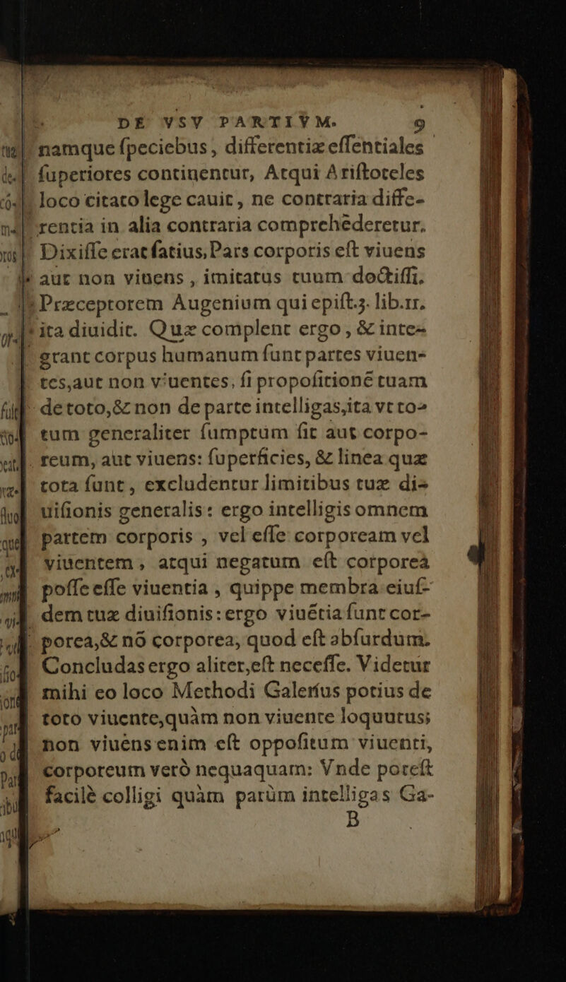 DE VSY PARTIYM. namque fpeciebus , differentix effentiales fuperiores continentur, Atqui Ariftoteles | rentia in alia contraria comprehederetur. ! Dixiffe erat fatius Pars corporis eft viuens l* aur non vinens , imitatus cuum doGiffi, I* Przceprorem Augenium qui epift.5. lib.rr. |* ira diuidit. Quz complent ergo, & inte | grant corpus humanum funt partes viuen- |. tcs,aut non v'uentes, fi propofitione tuam ' detoto,& non de parte intelligas,ita vt to | tum generaliter fumptum fit aut corpo- reum, aut viuens: fuperficies, & linea qua tota funt, excludentur limitibus tuz di- uifionis generalis: ergo intelligis omnem partem corporis , vel effe corpoream vel viuentem , atqui negaturn eít corporea poffe effe viuentia , quippe membra eiuf- | dem tuz diuifionis:ergo viuétia funt cor- AM. porea,& nó corporea, quod eft abfurdum. Concludas ergo aliter,eft neceffe. Videtur mihi eo loco Methodi Galeríus potius de toto viuente,quàm non viuente loquutus; non viuensenim eít oppofitum viuenti, corporeum veró nequaquam: Vnde poreft facilé colligi quàm parüm intelligas Ga- B