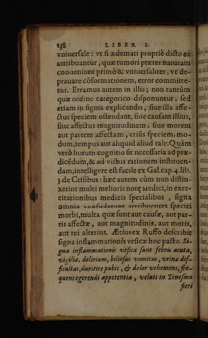 vniuerfale : vt fi xdemati proprie dito e) attribuantür ; quz tumori preter naturam conueniunt ptimó'&amp; vniuerfaliter vt de-' | prauare cóformationem, error committe- | tür. Etramus autem in illis; non tancüm quz ordine categorico: difponuntur , fed: Gus fpeciem oftendant, fiue caufam illius, : fiuc affe&amp;us magnitudinem, fiue morem aut pattem affettam , crifis fpeciem, mo- dum,tempusaut aliquid aliud tale.Quàm | veró horum cognitio fit neceffaria ad pre- dicédum,&amp; ad vi&amp;kus rationem inftituen- | dam;intelligere eft facile ex Gal.cap.4.lib. | 3.de Criüibus : hzc autem cüm mon diftin- ^| xerinc multi melioris note Medici,in exer» citationibus medicis fpecialibus , figna omnia vconfuadorant atrrrihnentes fpeciei morbi,multa quz funtaut caufz, aut par- | tis affe&amp;z , aut magnitudinis, aut moris, ' [i aut rei alterius, ZEtiusex Ruffo defcribig: | figna inflammationís veficz hoc pa&amp;o. $i- gna inflammationis vefica funt. febri acuta, di vicilie, delirium, biliofus vomitus , vrina dif- | ficultas durities pubis , jy dolor vehemens, fre-: quens egergnai Appetchtia , velpti in Tenefino feri |