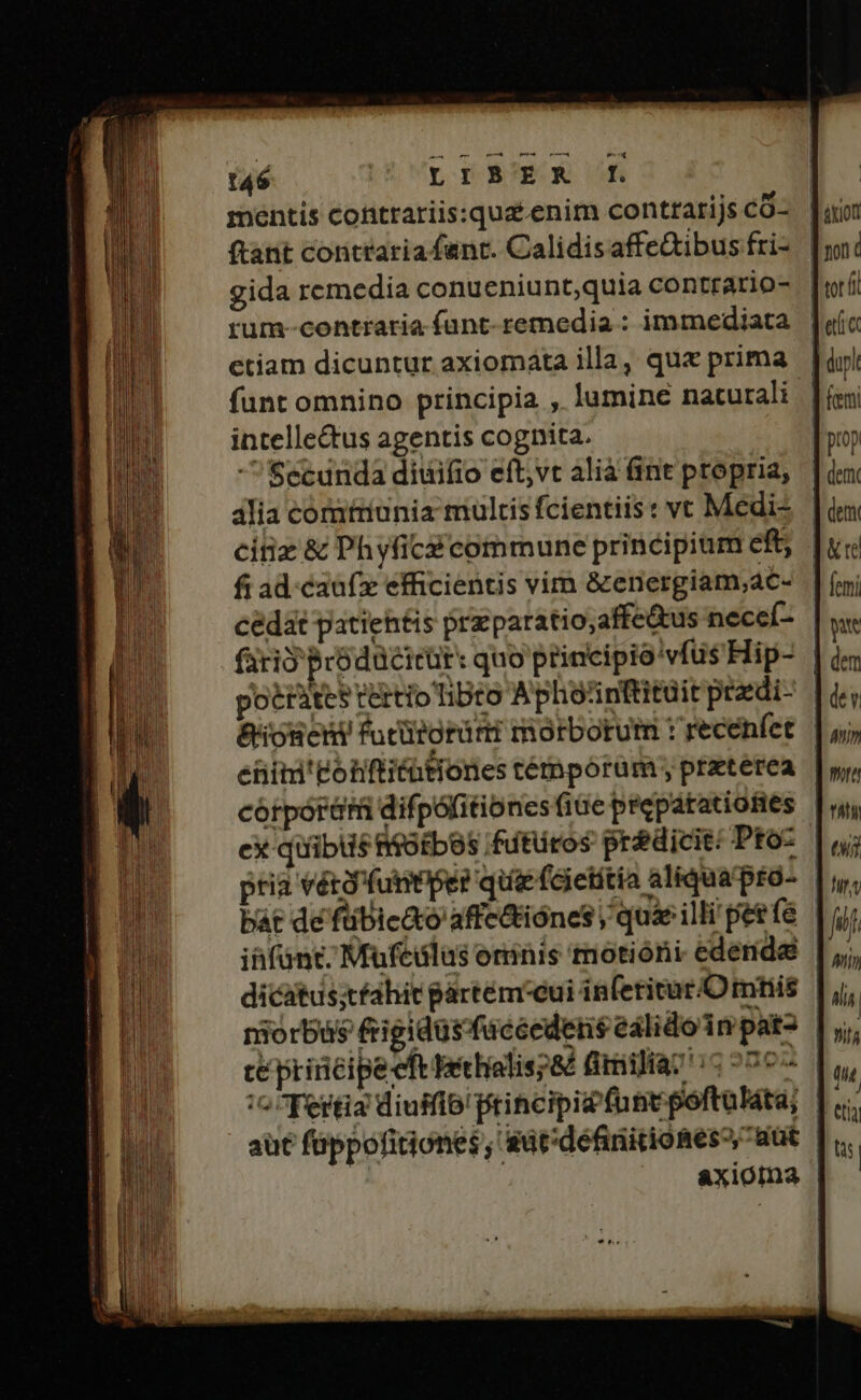 mentis cofitrariis:qua-enim contrarijs có- ftant contraria fant. Calidisaffe&ibus fri- gida remedia conueniuntquia contrario- rum-contraria funt-remedia : immediata etiam dicuntur axiomata illa, qua prima funt omnino principia , lumine nacurali intelle&tus agentis cognita. - Secunda diuifio eft,vt alià fint propria, alia comtriunia multis fcientiis : vt Medi- citixz & Phyficé commune principium eft; fi ad caufx efficientis vim &energiam;ac- cedat patiehtis przparatio;affe&us neceí- (arid Prodücicür: quo principio vfus Hip- potrates tertio libto Apho*inftitüit przdi- &ioseii fucürorür morborum : recenfet etiiti'tonftitütiones tétnporum , praterea ex quibus niotbas fütüros prédicit: Pto: pria vétd'funter que (cietitia aliqua'pto- ce principe eft bechialisp e fimilia? ':5 2c