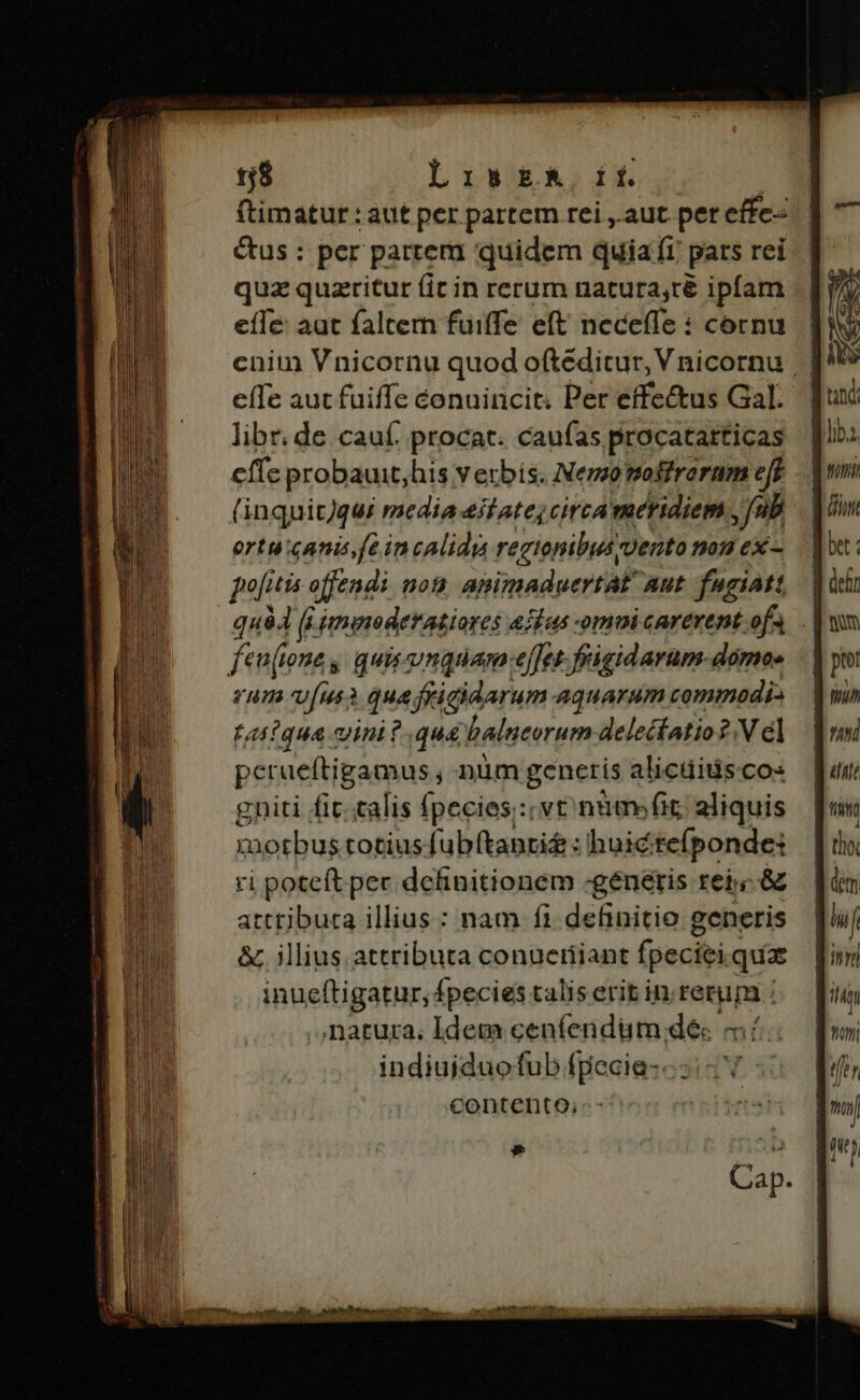 138 Luibhko fx. ftimatur : aut per partem rei ,. aut pet effe &amp;us : per partem quidem quiati pats rei quz quazritur (it in rerum natura,ré ipfam efle: aat faltem fuiffe eft necefle : cornu e(Te auc fuiffe conuincit. Per effe&amp;us Gal. libr. de cauf. procat. caufas procatarticas effe probauit,his verbis. Nemo moffrerum ejf (inquitqui media 4itate; circa meridiem , fub ortu canis fé in calidi regionibus vento mon ex- piti offendi not, apimaduertat aut. fugiatt quà4 (E jmmoderatiores aas omi carerent. ofa fen(ione s quis-unquam effet. frigidaram-domoe TH M ?! qua ffigidarum aquarum commodi: taifqua vini?.quá balueorum delecfatio?.V el per ueftigamus. ; nüm generis alicüidsco: gniti fit. calis fpecies;:; vt nimofit aliquis morbus totius fubftanzi&amp; : huic tefponde: ri poteft per definitionem -géneéris rei. &amp; atttjbuta illius : nam fi definitio generis &amp; illins attributa conucriiant fpeciei.qua inueftigatur, fpecies talis erit in rerum : . natura. Idem cen(endüm déc «c. indiuiduofub fpecia:- : contento, - »*