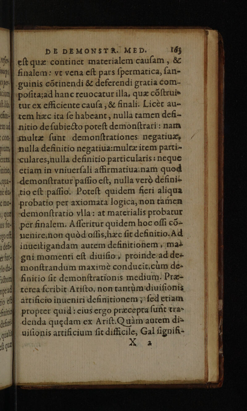 E eft qua: continet materialem caufam , &amp; E finalem: vt vena eft pars fpermatica, ían- !]U b eainis cócinendi &amp; deferendi gratia com- Km -pofitasad hanc reuocatur illa, qua cóftruie llb tur ex efficiente caufa ; &amp; finali. Licet au- (tid tem hzc ica fe habeant, nulla tamen de£- 4f nitio defubie&amp;to poteft demon(trari: narn | snulte funt. demonftrationes: negatiuz, | nulla definitio negatiua:multz item parti || -culares;nulla definitio particularis : neque | etiam in vniuerfali affirmatiua;»nam quod | .demonftratur paffio eft, nulla veró defini | tio cft paffio. Poteft quidem ficri aliqua probatio per axiomata logica,non tamen | demonftratio vlla: at materialis probatur t4 perfinalem. Afferitur quidem hoc offi co- |. uenire;inon quód offis;hzc fic definitio.Ad | inüettigandam autem definitionem , mas | gni momenti eft diuifio:; proinde:ad de | monftrandum maximé conducit, cüm de- finitio fit demonítrationis medium. Prz- | tétea fcribit Arifto. non tanrüm:diuifionis áttificio inueniri definitionem 5:fed etiam proptet quid : eius ergo pracepta (urit tra» denda quedam ex Arift.Q uàm autem di uitionis artificium fit difficile, Gal fignif- A A