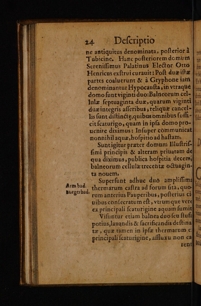 :. ^. Defenptio ne antiquitus denominata, pofteriorà | Tubicine.. Hanc pofteriorem domum | ;, Screniffimus Palatinus Ele&amp;or Ottó | ; Henricus exítrvi curauit: Poft duziftz |; partes coaluerunt &amp; à Gryphone iam [ri denominantur Hypocau(ta ;in vtraqtié |... domo funt viginti duo:Balncorum cel- [i lule feptuaginta dux, quarum vigititi |j; duzintegris afferibus reliqua cancel- Jj. lis (unt diftin&amp;e,quibusomnibus fufft- |. citfcaturigo, quam in ipfa domopro-| - uchire diximus: Infuper cómmunicat nonhihil aquz,hofpitio adhaftàm. — Suntigiturprzter dorum Illuftrif- J fimi principis &amp; alteram prinatam de qua dixirnus, publica hofpitia decem; balneoruth cellulztrecentz octuágin- ta nouent. ; je á - Superfunt adhue duó ampliffima * thermárum caftra ad forum fità; quo; M rum anterius Pauperibus, pofterius ci: a vibusconfecratum eft , vtrumque ver hd cx principali fcatutigine aquam fumit tor Vifuntur etiam balnea duofcu ftuf| 4 potius,lauandis &amp; facrificandis deftina] tz ,quz tamen in ipfz thermarum € la principali fcaturigine, affluxu non ca i reni]