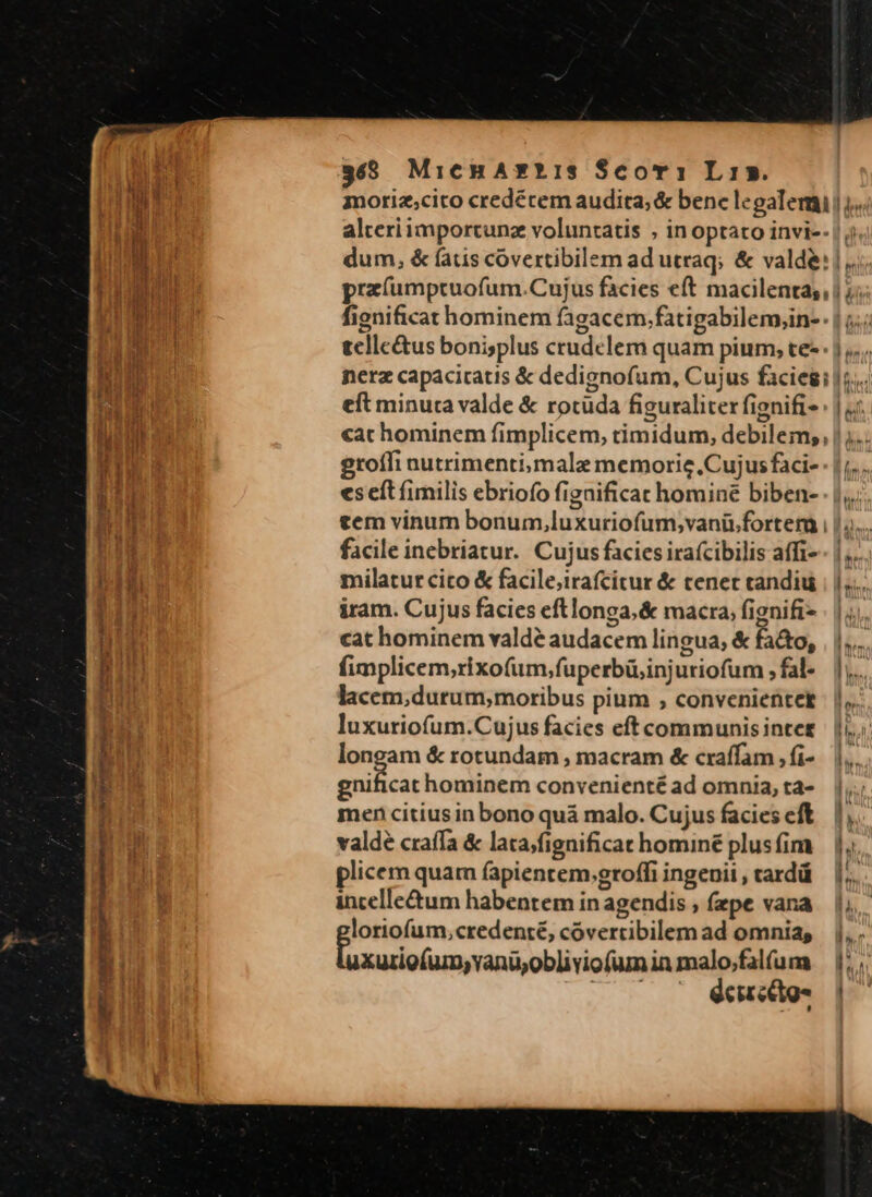 moriz;cito credérem audita; &amp; benc legalem 1. alteriimportunz voluntatis ; in optato invi-- |, dum, &amp; faris covertibilem ad utraq; &amp; valde: |... pra(umptuofum.Cujus facies eft macilenta,, 5; fignificat hominem fagacem.fatigabilem;in-: | 5.: telle&amp;us boni;splus crudelem quam pium, te- : | ,.... nerz capacicatis &amp; dedignofum, Cujus facieai |i... eft minuta valde &amp; rotuda figuraliter fignifi- | | .:. cac hominem fimplicem, timidum, debilem;, |). groffi nutrimenti,male memorie Cujus faci-- | ;,... es eft fimilis ebriofo fignificat homine biben- . |,,.: tem vinum bonum,luxuriofum,;vanü.forterm | |... facile inebriatur.. Cujus facies iraícibilis affi-- |... milatur cito &amp; facile,irafcitur &amp; tener tandiu | |... iram. Cujus facies eftlonga,&amp; macra, fignifi- | | cat hominem valdé audacem lingua, &amp; Éi&amp;o, fimplicem,rixofum,fuperbü,injuriofum ,fal- |... lacem,durum, moribus pium , convenienter: |, luxuriofum.Cujus facies eft communisintes:| |i; longam &amp; rotundam , macram &amp; craffam ,fi- 1... gnificat hominem convenienté ad omnia, ta- | T men citiusin bono quà malo. Cujus facieseft |, valde craffa &amp; latajfignificathominé plusfim — |. plicem quam fapientem.groffiingenii,tardá | incelle&amp;um habentem in agendis , fepe vana |, loriofum,credenté, cóvertibilemad omnia, |, . lounieGunwapá biblio i EE Hm |. — eee. |