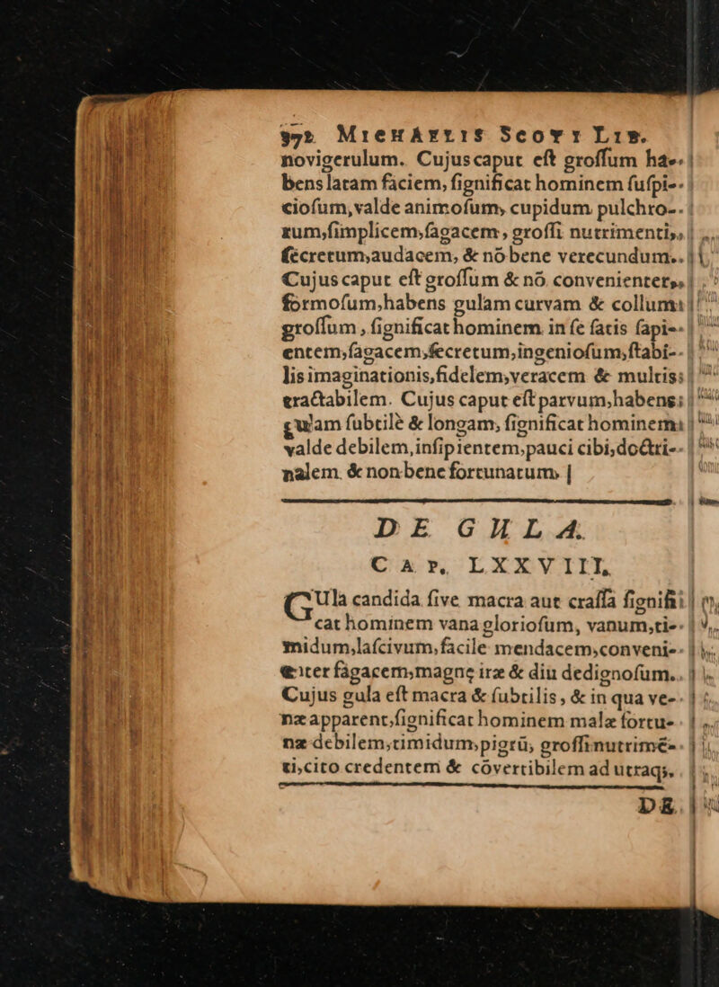 y,2 MreunAxgris Scovr Las. novigerulum. Cujuscaput eft groffum ha». benslatam faciem, fignificat hominem fufpi-- o groffum fignificat hominem. in fe fatis fapi-- entem;fagacem,fecretum,ingeniofum;ftabi- lis imaginationis,fidelem;veracem &amp; multis: eractabilem. Cujus caput eft parvum;habens; valde debilem, infipientem,pauci cibi;do&amp;ti- nalem. &amp; non bene fortunatum, | DE GHLA. Car LXXVIII iter fagacem,magne irz &amp; diu dedignofum. Cujus gula eft macra &amp; (ubrilis, &amp; in qua ve-. nzapparent./fignificat hominem mala fortu- nz debilem;timidum;pigrü; groffinutrime- ti;cito credentem &amp; covertibilem ad utraqs. [^ b RE c c c c cc J^ d DE