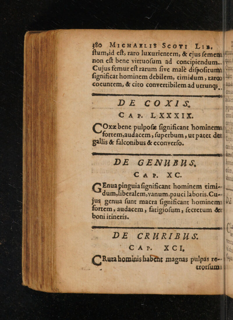 0 MicHAxExLIS* ScoT: Li», E NT ftum;id eft, raro luxurientem, &amp; ejus femem ^^ / à | non eft bene virtuofum ad concipiendum.. 11^ i í ' . * * MU. ME Cujus femur eft rarum five male difpoficum E Din fignificat hominem debilem, timidum , raro Bg coeuntem, &amp; cito convertibilem ad utrung;, | 5 T. ^y M ————— ' LM Wb DE CO XI1.^3;, TEUER CAr LXXXIX. 3 Oxz bene pulpofz fignificant hominem]: LL. fortem;audacem fuperbum, ut patet det, Pd gallis &amp; falconibus &amp; econverfo. RES RECON NEPGMERNEGUNENS 00 | DE GENHBHAS, 1i Car. XC. t (S Enua pinguia fignificant hominem timi-- |. dum,liberalem;vanum,pauci laboris.Cue-| ! jus genua funt macra fignificant hominem: |. ortem , audacem, fatigiofum , fecretum &amp;: | boni itineris. EE DE CRHRIBHSs. CANUCUXACE (C Rura bominis habéht magnas pulpás re-- | * i eS crorfumi: i
