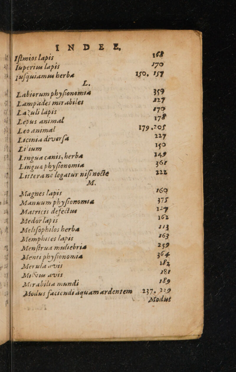 | fom 0f lapis | dppertus lapti ? 34] (f quiam na berba E Laborum phyfonemta Lampade: zur aliles Lau lapis Letbu: animal Leo antmal Licinia droeríA Lruum Lingua cAn1$, berba Linge T by ffonomte Littera ne legatur nif nocte M. Magnes lapis Manmur pn b yffororia Matrtcts defechus Medar lapis JMt lrfap! kilos berba AMeznbbiies lapss Menfhrua muliebria Ment: p! byft 020714 NN eis. ULÉ Ma AUS ILS » J ,; : JM iY AULA minds 179 .?0f 2213 149 149 367 22L roQ 375 127 161 113 1623 252 364 1M, 28tf 145 137, ?:2 Modus