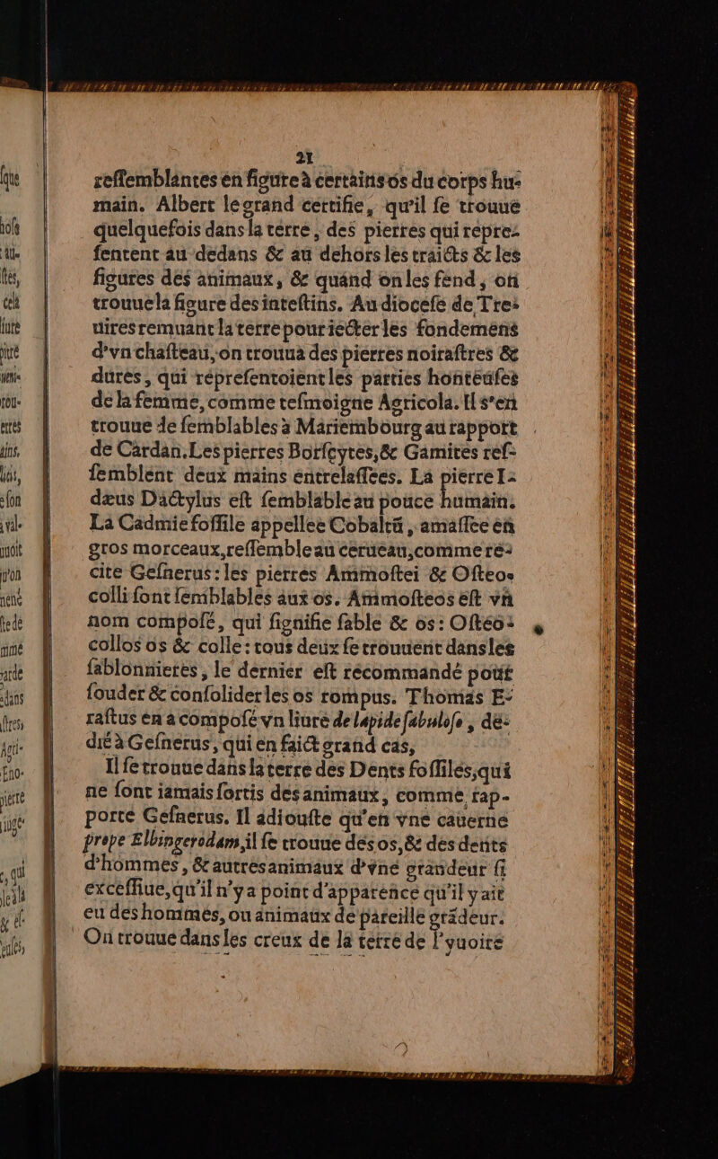 refflemblantes en figure à certains os du corps hu: main. Albert leorand certifie, qu'il fe trouue quelquefois dans la verre , des pierres quirepre: fencent au dedans & au dehors les traits & les figures des animaux, & quand onles fend , of trouuch fisure desinteftins. Au diocefe de Tre: uires remuant laterrepouriecter les fondemens d’vn chafteau, on trouua des pierres noiraftres & dures, qui réprefentoientles parties honteufes de le femme, comme tefmoigne Agricola. I s’en trouue de femblables à Märiembourg au rapport de Cärdan.Les pierres Borfcytes,& Gamires ref: femblent deux mains entrelaffées. La pierre 12 dæus Däétylus eft femblable au pouce État colli font lemblables aux os. Ammofteos ét vn ñom compolé, qui fignifie fable & os : Oftéo: collos os & colle: rous deux fetrouuienit dansles fablonnieres ; le dernier eft récommandé pott fouder & confoliderles os rompus. Thomas E: raftus en acompofé vn liure de lépidefabulofe , de: diéà Gefnerus, qui en fait srand cas, Il fe trouue dans a terre des Dents foffilés,qui ne font iamais fortis dés animaux, comme fap- porte Gefnerus. 11 adioufte qu'en vne cauerne prope Elbingerodam il fe rouue désos, & dés detits d'hommes, &autresanimaux d'ÿne grandeur exceffiue, qu'il n'ya point d'apparence qu'il yaie eu des hommes, on änimaüx de pareille grédeur. Où trouue dans les creux de Ja terre de l'yuoire TÉLÉ = en ml 2e ei m2 V4 , EAMLAUNLTIELATL >= ne