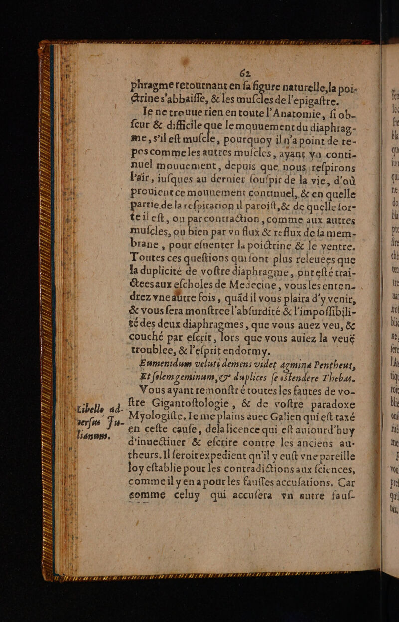 “ # mn “ æ + à Li n EE Îf. L V7 *Z # CAL ILE) ?H74; #3 4 FT] Éd Fu 1 4 1 La £ FA Pr, ; _ SSRFSCE DIE n : Fr 4 f £ ? £ s ‘ S PTS f } É SfEr 8; n LE RATE. #, 4 À | Fans. ASS PE SIT OINE I SIN ITS CET D TS T EE 2 6 | 62 phragme retournant en fa figure naturelle, la pois érine s’abbaife, &amp; les mufcles de l'epigaftre. Te ne trouue rien en toute l’ Anatomie, fi ob. fcur &amp; difficile que lemouuementdu diaphrag- me, s’ileft mufcle, pourquoy il n'apoint de te- poscommeles autres mufcles, ayant va conti- nuel mouuement, depuis que nous refpirons l'air, iufques au dernier (ou{pir de la vie, d'où Prouientcemounement continuel, &amp; en quelle partie de la refpirarion 1l paroift,&amp; de quelle {or- teileft, ou parcontraéhon , comme aux autres mulcles, ou bien par vo flux &amp; reflux de fa mem- brane , pour efuenter Li poictrine &amp; Je ventre. Toutes ces queftions qu font plus releuces que la duplicité de voftre diaphragme, oncefté crai- éteesaux efcholes de Medecine, vouslesenren- drez vnedbtre fois, quädil vous plaira d'yvenir, &amp; vous fera monftrec l'abfurdiré &amp; l'impoffibili- té des deux diaphragmes , que vous auez veu, &amp; couché par efcrit, lors que vous auiez la veuë troublee, &amp; l’efprit endormy. | Enmenidum veluti demens vider agmina Pentheus, Et [olem Leminum, CT duplices [e s$tendere Thebas. Vous ayant remonftr é routes les fautes de vo- fire Gigantoftolosie , &amp; de votre paradoxe Myologifte, Ie me plains auec Galien quieft raxé en celte caufe, dela licence qui eft auiourd’huy d’inueétiuer &amp; efcrire contre les anciens au- theurs. 1] feroirexpedient qu'il y eult vne pareille Joy eftablie pour les contradictions aux fciences, commeil yen a pourles faufles accufations, Car comme celuy qui accufera vn autre fauf-