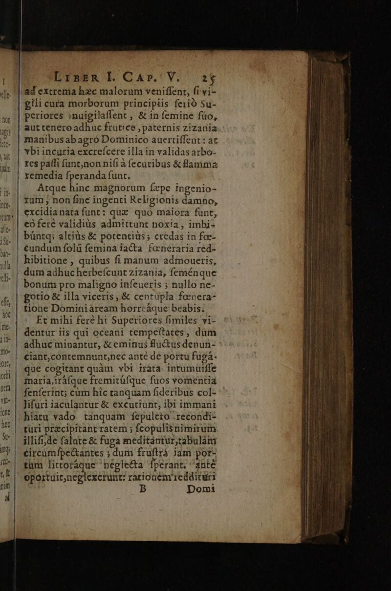 LrseR L Cap. V. 32$ ad extrema hec malorum veniffent, fi vi- | 'gili cura morborum principiis feiió Su- | periores imuigilaffent , &amp; in femine fio, | aut tenero adhuc frutice paternis zizania manibus ab agró Dominico auertiffent : at vbi incuria excreícere illa in validas arbo- tes palli funt;non nifi à fecaribus &amp; flamma remedia fperanda funt. 3 Atque hinc magnorum Írpe ingenio- y. | Tum 5 non fine ingenti Religionis damno, qp | €xcidianata funt: quz. quo maiora funt, jj. .| € feré validius admittunt noxia, imbi- jj | büntq; altius &amp; potentius ; credas in foe- tud eundum folü femina facta fanéraria red- lh hibitione , quibus fi manum admoueris, | dum adhuc herbe(cunt zizania, feménque bonum pro maligno infeueris ; nullo ne- | tione Dominiàáream horreáque beabis. | Et mihi fere hi Superiores fimiles vi- 7* | dentur iis qui oceani tempeftates, dum /* | adhuc minantur, &amp; eminus fluctas denun- 7 | eiant,contemnunt,nec ante de portu fugá- UR | que cogitant quàm vbi irata: intumuilffe 7.| maria;iráfque fremitüfque fuos vomentia 1. | fenferint; cum hic tanquam fideribus col-  ! Wfuri iaculantur &amp; excutiunt, ibi immani U* | hiatu vado tanquam fepulcto .recondi- | turi przcipitant ratem ; fcopulisnimirum 3! alfifi,de falate &amp; fupa meditantur,tabulám 75 | éirceümfpe&amp;antes ; dum fruftrà jam por- C-| tüm littoráque 'pégle&amp;ta perant. ante uk oportuirneglexerunt: rationem reddituri nim B Domi M e AREE - - zs T - : e pcdes. - 2 m) - p X z TT s e x