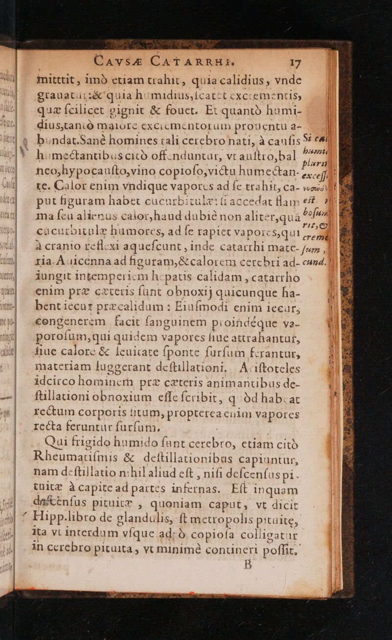 x mitttit, imó etiam trahit, quia calidius, vnde | grauaturi&amp; quia h: mu1dius,icatct cxciementis, | quz fcilicet gignit &amp; fouet. Et quanto humi- dius,tan.Ó maiore excicmentoruin prouentu a. XO bundat.Sané homines cali cerebro nati, à caufis Si easi himeZtantibus cicó off:nduntar, vt auftro,bal - nco hypocaufto,vino copiofo,vidu humcétan. 2j | te. Calor enim vndique vaporcs ad fe trahit, ca- vowe put figuram habet cucurbitule: ti accedat lam e 7 ma ícu alienus caior,haud dubie non aliter,qu a apt cacurbitule v humores, ad fe rapiec vaporcs qui ,,, à cranio reflcxi VERNA inde catarrhi matc- /í ,] ria. À u1cenna ad figur ram,é ccalorem cerebri ad- eund.] iungit ingtempericm h patis cal lidam, catartho enim prz czteris fünt obnoxij quicunque ha- i bent iecus przcalidum : Eiafmodi enim iecur; ' cengenere facit fanguinem pioindéque Va- li porofum, qu quidem va apores hue attrahantuf, i hue calore &amp; leuitate f fponte furfum fcrantur, j| materiam luggerant deftillationi, | A ciftoteles j Mdcirco fiaebinem prz ceteris animantibus de- i fullauoni obnoxium effe fcribit, q'ód hab:at rectum corporis bitum, propterea cuia vaporcs recta feruntur furfutn, Qui frigido humido fant ERE ctiam cità Dsneanimnisd &amp; defüillationibus capiuntur, nam d-ftillatio n:hil aliud eft , nifi defcc níuspi. tülce à capite ad partc S MA Eft inquam da&amp;énífus pituitf , quoniam Caput, vt dicit Hipp. libro de dlandulies Íít me i iA pitulte, lta vi interdum. vfque ad; à copiol a colligatur in ccrebro pitüita , vt minime conuneri poffit. B