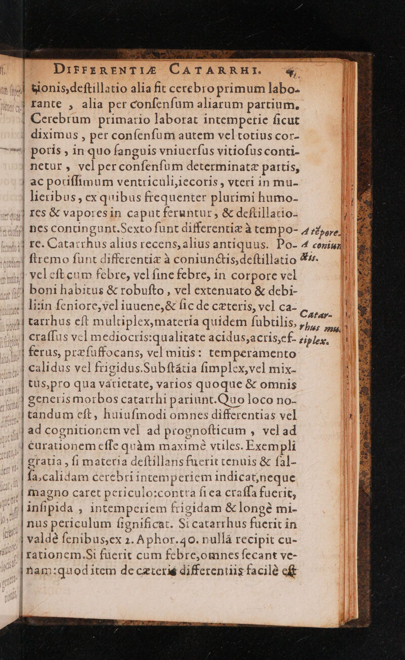 DirrrnENTIE CATARRHI. « iij] Wonis deftillatio alia fit cerebro primum labo. i$; rante , alia per confenfum aliarum partium, | Cerebrum primario laborat intempetie ficut | diximus , per confenfum autem vel totius cor- «| poris , in quo fanguis vniuerfus vitiofus conti- | netur , vel perconfenfum determinate partis, | ac poriffimum ventriculi,iecotris, vteri in mu- | lieribus, exquibus frequenter plurimi humo- | «q4] E65 &amp; vaporesin caput feruntur , &amp; deftillatio- i ijj] nes conungunt.Sexto funt differentiz à tempo- 42,54] 4] re. Catarrhus alius recens, alius antiquus. Po- 4 coniu | s.l ftremo funt differentiz à coniunctis deftillatio 4 — Jr xul Yeleft eum febre, vel fine febre, in corpore vel I ^ij] boni habitus &amp; robufto , vel extenuato &amp; debi- e | lizn feniore,vel iuuene,&amp; fic de cateris, vcl ca- aT - | : s ^ a. Catary-. 1 Ed 4l tarrhus eft mulüplex,materia quidem fubtilis, ,;,, uil .jj] €raffus vcl mediocris:qualitate acidus;acris;cf- tiplex., D | ferus, przfuffocans, vel mitis: temperamento 2H | calidus vcl frigidus.Subftátia (implex,vel mix- j ,,] tls, pro qua vatietate, varios quoque &amp; omnis ] generis morbos catarrhi pariunt.Quo loco no- NH J| tandum eft, huiufmodi omnes differentias vel a ,] ad cognitionem vel ad proenofticum , velad P ,] €arationem effe quàm maximé vtiles. Exempli | graua , fi materia deftillans fucrit tenuis &amp; fal- | fa;calidam cerebri intemperiem indicat;jneque | fmagno caret periculo:contta fiea craffa fuerit, a |infipida , intemperiem frigidam &amp; longe mi- ',| nus periculum fignificat. Si catarrhus fuerit in | valde fenibus,ex 1. Aphor.40. nullá recipit cu- WI nonem d fuerit cum febre;omnes fecant ve-  $mam:quoditem decaterié differenuis facile eft L I| i Il y Mo ug Om C ao. ERROR LER Rm zi