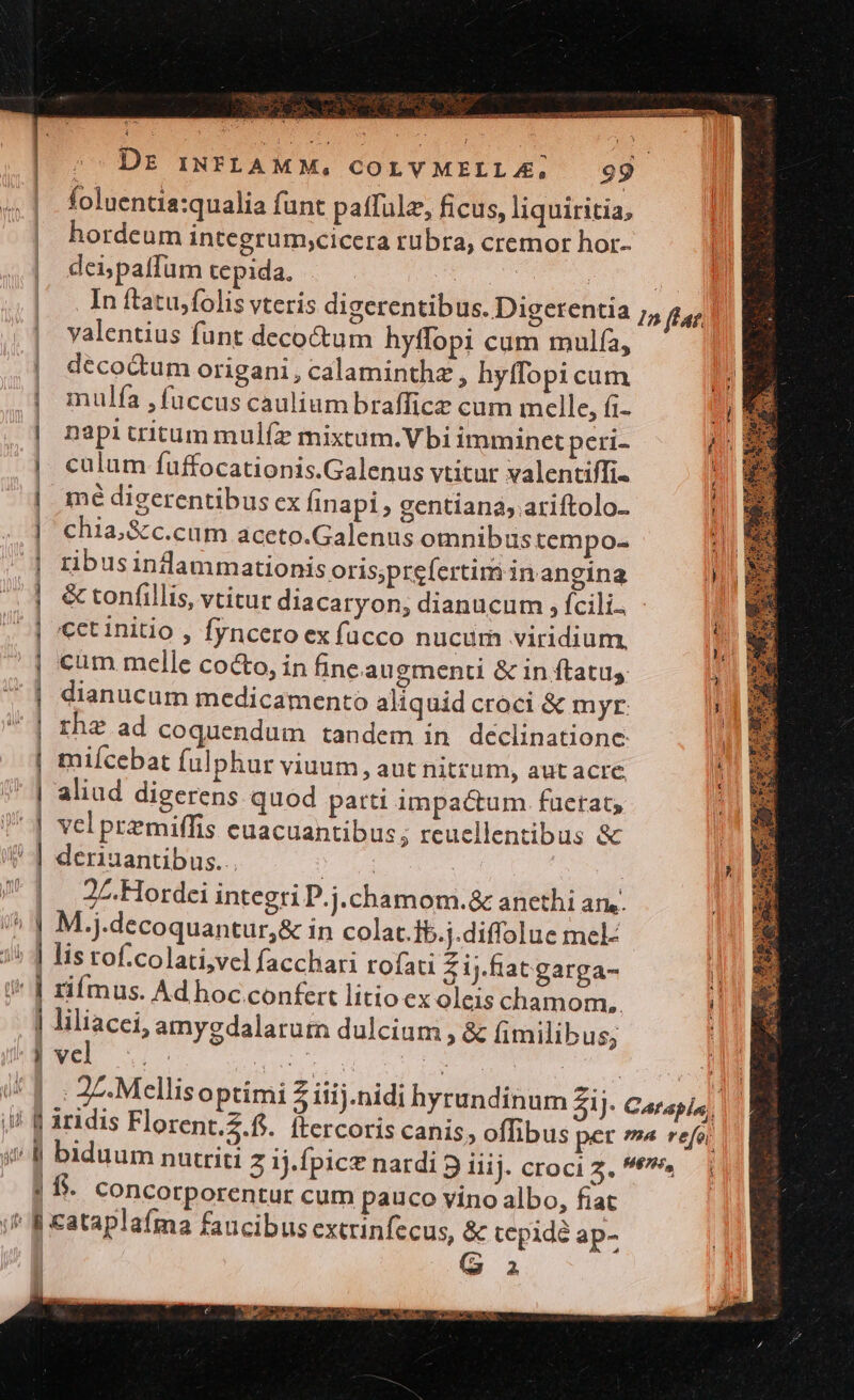 —— —— s v» —m— n5 -— m9 oo m———À—— —— E Ro Me, m3 oo cA manh FE $ A^ xm | | DE INFLAMM, COLVMELL A; | foluentia:qualia funt paífulz, ficus, liquiritia, hordeum integrum;cicera rubra, cremor hor- dei; paffum tepida. In ftatu,folis vteris digerentibus. Digerentia valentius funt decoctum hyffopi cum mulía, decoctum origani , calaminthz , hyfTopi cum mulfa , fuccus cauliumbraffice cum melle, fi- napi tritum mulfz mixtum. Vbi imminet peri- culum fuffocationis.Galenus vtitur valentiffi- mé digerentibus ex finapi , gentiana;.ariftolo- chia,&amp;c.cum aceto.Galenus omnibus tempo- ribusinflanmm ationis oris,prefertim in angina cet initio , fyncero ex fücco nucurn viridium. cum melle cocto, in fine.augmenti &amp; in ftatus dianucum medicamento aliquid croci &amp; myr. rhe ad coquendum tandem in declinatione: miícebat Íulphur viuum, aut nitrum, aut acre aliud digerens quod parti impactum . fuetat; vel premiffis euacuantibus; reuellentibus &amp; deriuantibus... dut. 2/.Hordei integri P.j.chamom.&amp; anethi ans. M.j.decoquantur,&amp; in colat.tb.j.diffolue mel- lis rof.colati,vel facchari tofati Zij.fiatgarga- riímus. Ad hoc.confert litio ex oleis chamom,. liliacei, amygdalarurm dulcium , &amp; fimilibus; vel : concorporentur cum pauco vino albo, fiat G 2