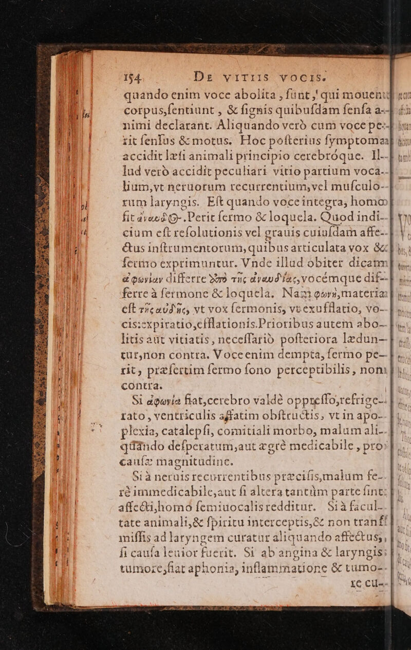 quando enim voce abolita , fünt,! qui mouent CORpus edi dn , &amp; fignis quibufdam fenfa a-- nimi declarant. Aliquando vero cum voce pe- vit fehilhs as rhotus; Hoc pofteri ius fymptomaa accidit left animal principio cerebróque. 1l- lud veró accidit peculiari vitio partium voca. lium,vt neruorum recurrentium,vel mufculo- rimlaryngis. Eft quando voceintegra; homo] fit deed Q-. Perit ícrmo &amp; loquela. Quod indi- cium eft refolutionis vel grauis cuiufdam affe-. é&amp;tus inf mue. m,quib us articulata vox &amp; fe tio exprimuntur. Vn nde illad obiter dicam e poriay dUtedte 2 TC di 'yeud ac, VOCÉ idees dif- ferre à fermone &amp; loquela. Naomi eor», materia CÍt r?caud nc, vt vox ermonis, vt éxufflatio, vo- cis:cxpiratio,cfflationis.Prioribus autem abo- litis aüt vitiatis , neceffario pofte dora lzdun--| tur,non contra. Voccenim dempta, fermo pe-- |, rit, prazfcrtim fermo fono petceptibilis, non: p contra. | Si aQeyia fiat,cerebro valdé opprefo,refrigc-. D; rato, ventticulis affatim obftructis; vt in apo- plexia, catalepfi, comitiali morbo, malum ali- qaando defperatum,aut «gré medicabile., pro» cauíz maenitudine. Sr à neruis recurrentibus przcifismalum fe- ré immedicabile,aut fi altera tantüm parte fint affecti,homo femiuocalis redditur. Sià facul. tate animali,&amp; fpiritu interceptis,&amp; non tranf! miffis ad laryngem curatur aliquando affe&amp;tus;, fi caufa leuior fue erit. Si abangina &amp; laryngis: tumoze;fiat aphonia, in sflammatione c &amp; tumo- IC cu-