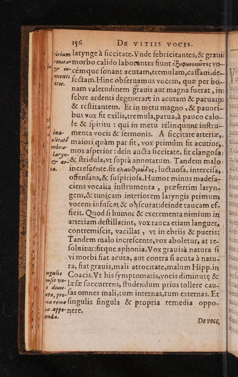 z- xccl Míigreocciur moti fepe nM I, Irma morbo calido laborentes fiunt cEoQuvourTtc YO--| IIS -cémque fonant acutam;tremulam;caffam.de..] |; n 1. fe&amp;tam.Hinc obferuamus vocem; quz pet bo--| | ! X nam valetudinem grauis aut magna fuerat , im | ^ fcbre ardenti degenerare in acutam &amp; paruam J^ &amp; rcftitantem. Erin mctu magno ,&amp; pauori-- |. , bus vox fit exilis,tremula;parua;à pauco calo-.| III t€ &amp; fpiritu : quiin metu relinquunt Inftcu-- | Wi ma- mentavocis &amp; fermonis. À ficcitate arteria, | ^ IU. pelizate maiori quàm par fit, vox primüm fit acutior;, |^ D mox afperior : dein aucta ficcitate, fit clangofa, | ^ || eu, I'ridula,vt füprà annotatum. Tandem malo; |l — increfcénte.fit zxav9pod'wc, luctaofa, interciía, offenfans,&amp; füfpiriofa.Humor minus madefa-. ciens vocalia inftrumenta , praefertim laryn-. gem;&amp; tunicam interiorem latyngis primum | vocem infufcat &amp; obícurat:deinderaucam ef. |? ficit. Quod fi humo: &amp; excrementa nimium in artcríam deftillarint, vox rauca etiam languet, | |: conttemiícit, vacillat , vt inebriis &amp; pueris: || Tandem malo increfcente,voxaboletur,atre- |! foluitur:fitque aphonia.V oxgrauisà natura fi | vi morbi fiat acuta, aut contra fi acuta à natuz' | a . /ta; flat grauis,mali atrocitate;malum Hipp.in |24*' Coacis.Vt his fymptomatis,vocis diminute &amp; Eo Izfz faccurrens, ftudendum prius tollere cau- lure, yo-l3s omnes mali,tum internas,tum externas. Ec varemelingulis fingula &amp; propria temcedia oppo. [r-APpe* nere. enda. C De voce, / D IO NUES WEGE em iy