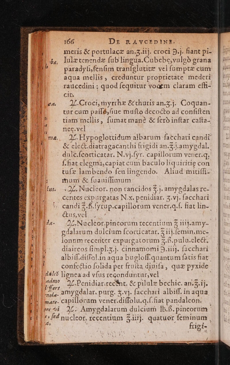 t d 166 Dr RAYCEDINE. meris &amp; pottulacz an.3.1ij. croci D. jj: fiant pi- lule tenendz fub lingua. Cobebe;valgh grana paradyli fenfim cranfglutite vel fumptz cum aqua mellis , ietlaru proprictáte mederi raucedini: | quod Íequitur vonem claram effi- C1. 27.Croci, myrrhe &amp; chutis an.5.j. Coquan- tüurcum nes iue mufto decocto ad confiften tiam mellis, fumat mane &amp; fero inftar cafta-; nec.vel 2L-Hy poglottidum albarum: fatc] hari cand? &amp; cle G.diatragacanthi frigidi an.2..amygdal. : dul. I eucatar. N. Y. yr. capillorum vener.q. | f-fiat clegma;capiat cum baculo Iiquiritie con tufz lambendo feu lingc indo. Aliud miuffi- muni &amp; faauiffimum : ZZ. Nucleor. non ranci. los 5.. amyedalas rte- centes cxpurgatas N.x. penidiar. 3.vj. . facchari candi 2 . f.i yrup. FOUSIS. vener,q. m hat lin-. E. S,VC M Z.Nucleor.pineorum recentium Z iiij.amy- bes dolcium fcorticatar. 7 5 iij.femin.me- lonum recenter expurgatorum : 2-15. jp ulu.elect, diaiteos fii mpl:3 2.j cinnamomi 3. iiij. facchari albiff.ditfol.in aqua buglolff. quantum fati fiat. confc&amp;tio folida per fruíta diuifa, qu pyxide | 241c8 lignea ad vfus regondun cursvel / | b 2t. Penidiar.tec&amp;nt. &amp; pil lulz bechic. an. :Z ij. so[,. amygdalar. putg. 5.vj. facchari albiff. in aqua. mare- Capillóram vener. diflolu. q. f.fiat pandaleon. | , pei 25. Amygdalarum dulcium 1b.6. pineorum  f*? nuclcor. recentium $iijj. quatuor feminum , Wes frgi- à A -