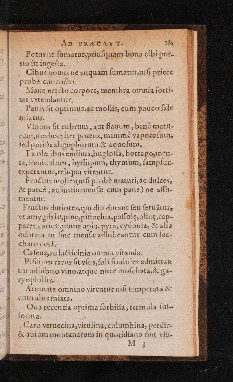 Pctusne fümatur,priufquam bona cibi pot- tio fit ingefta. Cibus nouus ne vnquam fumatur,nifi priore probé conco&amp;o. Mane erecto corpore, membra omnia fotti- ter extendantur. | Panis fit optimus;ac mollis, cum pauco uic l mi .xtus. Vinum fit rabrum , aut flauum , bené matit- rum,medioctiter potens, minime vapotofü im, ed potius aligophorum &amp; a aquofum. | Ex oleribus endiuia,buglotfa, borrago,men- a, faeniculum , hy fopum, thymum, fampfüc. Jl expetantut,reliqua vitentur. m i Fructus molles(nifi pro obà maturi,ac dulces; &amp; parce , acinitio meníz cum pane) ne affu- mentur. Fructus duriores,qui diu durant feu feruátur, vt amygdalz,;pine, piftachia;patfulc;oli iucscap- ^|. parescaricz,poma apia, pyra, cydonia, &amp; alia odorata in fine menfe adhibeantur cum fac- | charo coc. Cafeus;ac lacticinia omnia vitanda. Pifcium rarus fit vfus,foli friabiles admittam id - turadhibito vino;atque nuce mofchata,&amp; ga- | ryophillis, | AÁtomata omnino vitentur nifi temperata &amp; cum aliis mixta. 5 Oua recentia opuima forbilia, tremula fuf- »-a focata. || , Caro verueci ina,vitulina, columbina, perdic. &amp; auium montanarum in quotidiano fint vfu. M 3