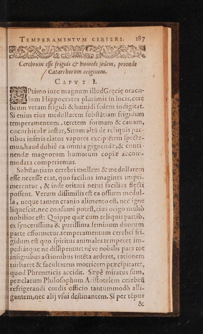 PE REEL : a NC ü gains e[fe P ds c e lo tinidi jedem, proinde Catari borüm origuem. fe £C : (C EY TK Ros iurc maenutim illudGrecie Otacii- IPEA : Hippocrates plurimis in locis,cere I ue veram LAC idi &amp;chuimi i fedem i ndigitat, | Si enim eius medullarem fubftátiam fi igidum M pscomentaoi, tercer formam EO uam, cucu irbitule v inftar, Situm altü de rcliquis par- lGbus inferis elatos YSpores ex Hour [pecte- a enauddibid ca omhia gienendz,&amp; ' conti- ]nendz magnorum hunetum dps accom- |modata comperiemus. | Subíftantiam cerebri mollem 8$ medullarem ceffe erat t, quo facilius i imagines impri- | merentur , 5 inde orituri nerui facilius fied j poflent. Verum difífimilis c£ ea offium medul- dla, ne dee tamen cranio alimento eft, nec :2ne ]liq: ueíci c confumi potefbcius origo diit inobilio D Quippe quz cum rc liquisparti ib. | ex oce (fima &amp; puriffima fihiquin duorum jparte efformcetur, temperamentum cerebu fri- yeidum eit qa 'O fpiritus animalestemperet 1m- Dg 1e ne diffi UpEREUTD éve nob lli 5 ars toE linfignibus action nibus intéta arderet, rationer [turbaret &amp; facultatem motricem pr tcipitaret i quod ] Phreneucis accidit. Sepé miratus fim, jprzclarum | Philofophum A; iltotelem cerebrü lírefrigerandi cordis officio tantummodo alli- jgantem,nec alij vfui definantem. Si per tépus