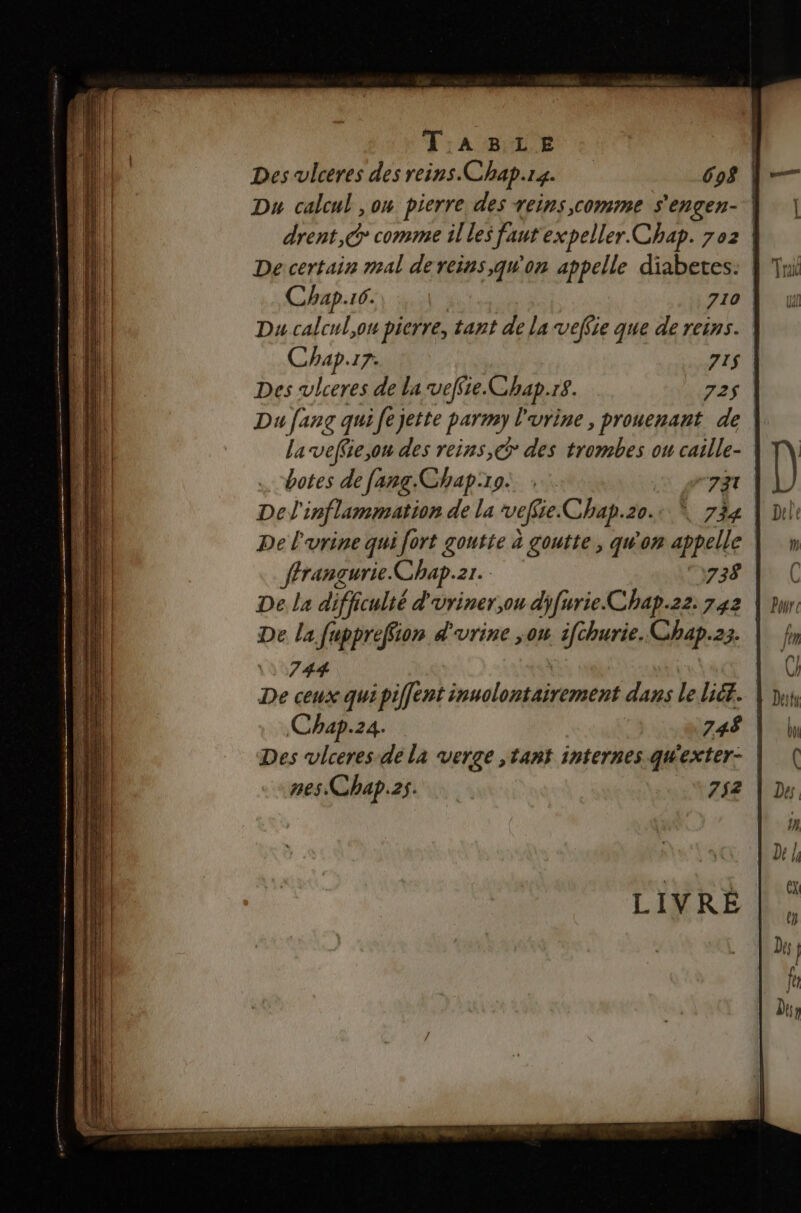 TA BYILE Des vlcéres des reins. Chap.14. | Du calcul ,on pierre des reins comme s'engen- | drent,@ comme illes faut'expeller Chap. 702 | De:certain mal de reins, qu'on appelle diabetes: | Chap.16. 710 | Du calcul,on pierre, tant de la veffie que de reins. Chap.r7: 715$ | Des vlceres de la veffie. Chap.rs. 25 Du fang quife jette parmy l'urine, prouenant de | la veffie,on des reins, @> des trombes ou caille- botes de [ang Chap:19: PTE | De inflammation de La vefie. Chap.zo.: * 734 | De l'urine qui fort gone à goutte, qu'on appel | ffrangurie. Chap. 21. 738 | De la difficulté d'uriner,ou difurie-Chap.22: 742 | De la fupprefion d'urine jou ifchurie. Chap. 23. 744 De ceux quipiffent CRT) ren” dans lelicr. | Chap.24. 748 | Des vlceres de la verge ,tant internes qu'exter- | nes Chap.2s. | 752.