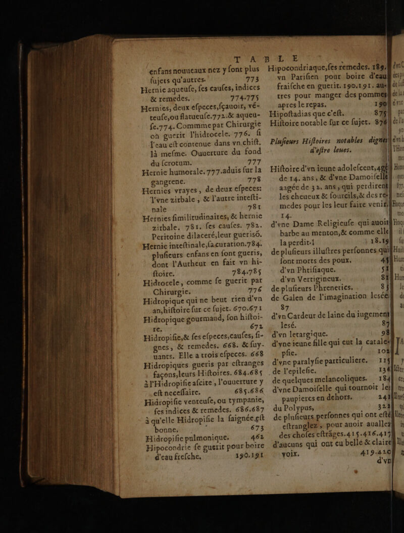 enfans nouueaux nez y fonc plus fujets qu'autres- 773 Hernice aqueulfe, fes caufes, indices & remedes. 774775 Hernies, deux efpeces,fçauoir, vé- teufe,ou flatueufe.772.8 aqueu- fe.774. Commme par Chirurgie oh guerit l'hidrocele. 776. fi J'eau eft contenue dans vn.chiff. 1 mefme. Ouuerture du fond du {crotum. MT AT Hernie humorale. 777.aduis fur la gangrene. 778 Hernies vrayes, de deux cfpeces: Vyne zirbale , & l’autre incefti- nale 781 Hernies fimilirudinaires, ê&c hernie zitbale. 781. fes caufes. 782. Peritoine dilaceré,leur gueriso. Hernie inteftinale,facuration.784. plufieurs enfans en font gueris, dont l’Autheur en fait vn hi- ftoire. 784785 Hidrocele, comme fe guerit par Chirurgie. 776 Hidropique qui ne beut rien d'vn an,hiftoire fur ce fujet. 670.671 Hidropique gourmand, fon hiftoi- re. 672 Hidropife,& fes efpeces,caufes, fi- gnes, & remedes. 668. à fuy- uants. Elle a crois efpeces. 668 Hidropiques gueris par eftranges façons,leurs Hiftoires. 684.685 à l'Hidropifieafcite , l'ouuerture y eft neceffaire. 635.684 Hidropifie venteufe, ou tympanie, fes indices & remedes. 686.687 3 qu'elle Hidropife la faignée çft bonne. 673 Hidropifie pulmonique. 462 Hipocondrie fe guerit pour boire d'eau frefche, 190.191 inc despl de li Hipocondriaque,fes remedes. 1894 vn Parifien pour boire d'eau fraifche en guerit. 190.191. aus tres pour manger des pommes de : apres le repas. 1904 0 1° Hipoftadias que c'eft. 8764 1 Hiftoire notable fur ce fujet. 876 de l'a À Plufieurs Hifloires notables dignes) db d'éftre leues. A! oi mél Hiltoire d'vn ieune adolefcent, 486} Him de 14. ans, & d'vne Damoifellé| que aagée de 32. ans qui perdirenf}} #7. les cheucux & fourcils,& des ré mel medes pour les leur faire venii| 14. done Dame Religieufe qui auoxtfhoq barbe au menton,& comme elle4: il la perdit.i 18.198 lu de plufeurs illuftres perfonnes quifHul font morts des poux. 44 ur d'vn Phrifiaque. sal © d'yn Verrigineux. EX | HET de plufieurs Phrenerics. 834 Le de Galen de l'imagination lescëf d 87 al d'yn Cardeur de laine du iugemeni| lesé. 87 d'vn letargique. |. 98 d'yne ieune fille qui eut la cataleïÿ JA fie. { ,52 108 Il d'une paralyfieparticuliere. 115f y _de l’epilefie. 13 élder de quelques melancoliques. 1849 cc d'vne Damoifelle qui tournoit lei} tr paupieres en dehors. 241} du Polypus, 324 de plufieurs perfonnes qui ont eftéflle eftranglez, pour auoir auallezà à des choles efträges.415.416.4174 1 d'aucuns qui ont eu belle & claire! lu voix. 419.410) h d'vn