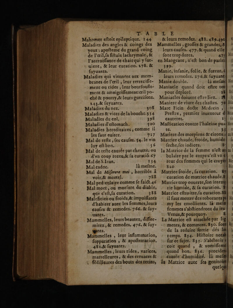 NOT ee TP ï EURE E Mahomet eftoit epileptique. 144 &amp; leurs remedes. 488. 489.496! Maladies des angles &amp; coings des Mammelles , groffes &amp; grandes, 8 eux ; apofteme du grand coing leurs caufes. 477. &amp; quand elle! de l'œil,fa fiftule lachrymale,&amp; fonttropdures, 474 l'accroiffance de chairqui y fur+ en Mangeant, n’eft bon de parle; uient, &amp; leur curation. 278. &amp;c 399. | fuyuants. Manie, infanie, folie, &amp; fureur, 4 Maladies qui viennént aux mem- leurs remedes. 176.8 fuyuant| branes de l'œil , leur retreciffe- Manie double. 1à mefmi ment ou tides ; leur bourfoufle: Maniacle quand doit eftre ten] 1 ment &amp; amaigriflement:œil po- pour deploré. 384 dl ; ché &amp; pourry,8&amp; leurs guerifons. Maniacles doiuent eftre Jiez. .… M 243.8 fuyuants. Maniere de viure des chaîtes. 7484 Hi Maladies du nez. 308 Marc Ficin dote Médecin , rio Maladies &amp; vices de la bouchc.3 34 Preftre, premier inuenteur d}k Maladies du col. 398 cauteres. Mt Maladies d'eftomach. soo Maftication contre l’haleine puafMen Maladies hereditaires ; comme il te. les faut euiter. 717 Matiere des morpions &amp; cirons#}auh Mal de tefte , fes caufes..$4. le vin Matrice chaude; froide, humide} # luy eftbon. s6 feche,fes indices, 81 ; Mal de tefte causée pat cheutté, où a Matrice de la femme n'eft at d'vn coup receu,&amp; fa curatiô 67 . ‘bulaire par le corps:c'eft vn él! Mal de S.lean, 134 reur des femmes qui le croyél Mal caduc. làmefme. 820 | Mal de Miferere mei , horrible à Matricefroide, facuration. 8) voir;&amp; mortel. 788 - curation de matrice chaude.#l| Mal pediculaire comme fe faiét.46 Macrice trop ouuerte,fon inter Mal mort, ou morfure du diable, rie humide, &amp; fa curation. ‘#!| agde c'eft,fa curation. 388 Matrice eftroitte,fa curation.88l Malcficiez ou froids,8&amp; impuiflants ‘il faut mettre des roborants pi d'habitet auec les femmes,leurs . :my les emollients. là: melnl mitez, &amp; remedes, 476. &amp; fuy- -* ments, &amp; comment. 830. fofil @nts. de la reduire fortie dés 1oi} Mammelles , leur inflammation, : temps. 834. Hiftoire notäb] fuppuration ; &amp; apoflemation, :: fur ce fujer. 835. S'abfteniri 481.8 fuyuants. 4 :çcoir quand , &amp; vomiflemé] Mammelles ; leurs rides, varices, quand bon. 836. procidefl martelleures, &amp; des creuaces &amp; :- causée d'humidité. là mefi L fédilleures des bouts destetins, la Matrice auec fes. genitoifl] quelqi