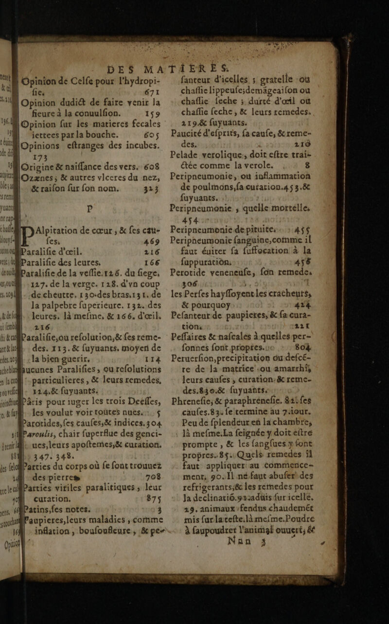 ns Re } Opinion de Celfe pour l'hydropi- ÙD fe 671 “ty Opinion dudiét de faire venir la | fieure à la conuulfon. 159 16h Opinion fur les matieres fecales “M iettees par la bouche. 605 Opinions eftranges des incubes. “A 173 IMOrigine & naiflance des vers. 608 WIMOzænes ; & autres vlceres du nez, 6519. &c raifon fur fon nom. 323 P Le ® 3 ee MÿyAlpiration de cœur ; & fes cau- pl fes. 469 li où Paralifie d'œil. 216 tt WParalifie des leures, 166 lmiParalifie de la veflie.r26. du fiege, out . : 127. de la verge. 128. d'vn coup 209 | de cheutte, 130:des bras,131.de | la palpebre fuperieure. 132. des | leures. là mefine, & 166. d'œil. | 216 hi ko WT refolution,& fes reme- des. 113. & fuyuanes. moÿeri de la bien guerir, 114 ucunes Paralifies, ou refolutions -particulieres , & leurs remedes, our. 124.8 fuyuants. nul ris pour iuger les trois Deéffes, out. les voulut voir toùtes nues... $ Parotides, fes caufes;& indices. 304 sParoulis, chair fuperflue des genci- heir A ues, leurs apoftemes,& curation. HBhe 347. 348. js felol Le du corps où fe font trouuez | des pierres 708 Parties vitiles paralitiques ; leur #0Û curation. 875 Patins,fes notes. Paupieres,leurs maladies , cornme inflation , boufoufleuse , & pes cheblan 9 | 600 fanceur d'icelles ; gratelle :où chaflie lippeufe;demägeaifon ou chaflie feche ; durté d'œil où chaffie feche , & leurs remedes. 219.8 fuyuants. Paucité d’efprits, fa caufe, &reme- des. 219 Pelade verolique:, doit eftre trais étée comme laverole. , 8 Peripneumonie, où inflammation de poulmons,facutarion.4s 3.8c fuyuants. Peripneumonie ; quelle mortelle. 454 Peripneumoniedepituite: : 45 Peripncumonie fanguine,cotnme 1l faut éuiter fa fuffocation à la fuppuratiôn 456 Perotide veneneufe, fon remede: 306 les Perfes hayfloyentles cracheuts, & pourquoy 424 Pefanteut de paupietes, & fa cura- tion 211 Peffaires & nafcales à.quellesper- fonnes font proptes.: 80 Peruerfion,precipitation ou defcé- re de Ja matrice «ou amarrhf} leurs caufes , curation:&t reme- des.840.8 fuyuants: Phrenefic;& paraphrenelie. 824{es caufes.83. fe termine au 7iour. Peu de fplendeureñ lachambre; : Jà mefme.La feignée ÿ doiteftré prompte , & les fangfues yfont propres. 85: Quels remedes 51 faut appliquer: au éommence- ment, 90.11 né faut abuferides refrigerants;êe les rernedes pour Ja declinatié.gs2adüis fur icelle, 19. animaux -fendus chaudemét mis furlacefte.làmefme.Poudre à faupoudret l'animal ouuert; êé Nan 3 PA Dar ri = ET Re MON ES Li