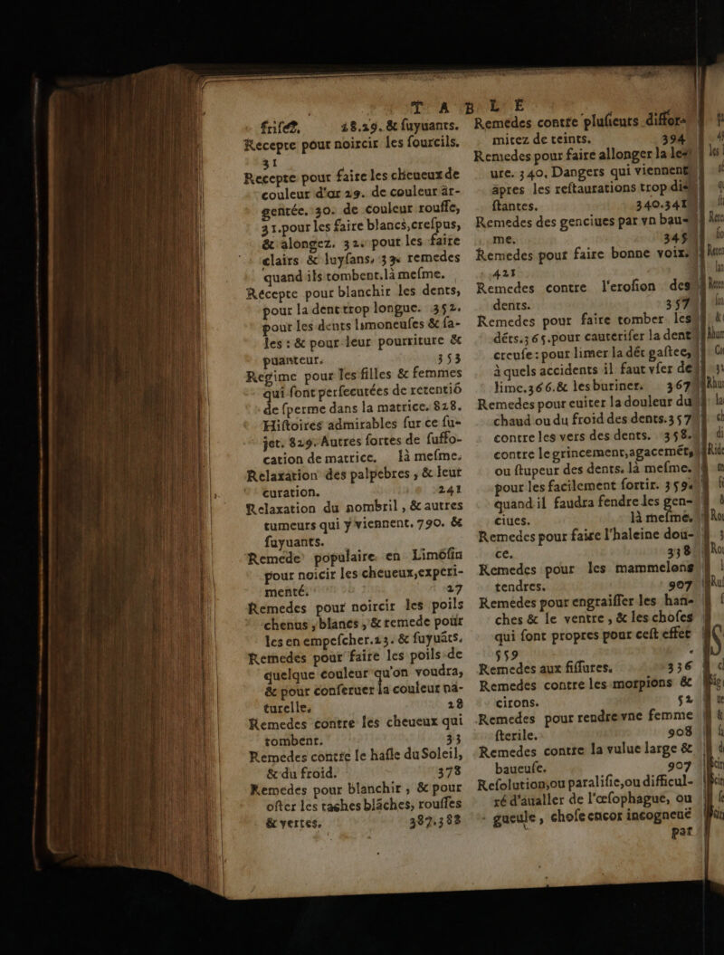 CR sd frife2, 28.19. 8 fuyuants. Kecepre pour noircir les fourcils. 31 | Recepte pour faire les chieucux de couleur d'ar 29. de couleur är- gentée. 30. de couleur rouffe, 3 1.pour les faire blancs,crefpus, &amp;alongez. 32 pour les faire clairs &amp; luyfans, 33 remedes quand ils tombent.là mefme. Récepte pour blanchir les dents, pour la dentrrop longuc. 352. pour les dents limoneufes &amp; fa- les : &amp; pour leur pourriture &amp;e puanteur. 353 Regime pour Îles filles &amp; femmes : qui font perfecutées de retentiÔ de fperme dans la matrice. 818. Hiftoires admirables fur ce fu- + jet. 829. Autres fortes de fuffo- cation de matrice. à mefme. Relaxation des palpebres ; &amp; Jeu curation. 241 Relaxation du nombril , &amp; autres tumeurs qui yviennent. 790. &amp; fayuants. Remede populaire. en Limôfin pour noicir les cheueux;expeti- menté. 27 Remedes pour noircir les poils chenus , blanés ,'&amp; remede poùr les enempefcher.13. &amp; fuyuâts. Remedes pour faire les poils-de quelque couleur qu'on voudra, &amp; pour Bontesses da couleur nä- turelle. 28 Remedes contre les cheueux qui tombenr. 3 Remedes contée le hafle du Soleil, &amp; du froid. 378 KRemedes pour blanchir, &amp; pour ofter les tashes bläches, rouffes &amp; vertes. 387.358 + Remedes contfe p mitez de teints. 394) Remedes pour faire allonger la les! ure. 340, Dangers qui viennenë apres les reftaurations trop re | ftantes. 340.341 Remedes des genciues par vn bau*M me 345$ | Remedes pout faire bonne voix 423 } Remedes contre l'erofion des dents. 357 Remedes pour faire tomber. les} déts:365.pour cauterifer la dentlfhur creufe : pour limer la déc gaftee, a} C à quels accidents il faut vfer de Us lime.s66.&amp; lesburiner. … 3670MRiu Remedes pour euiter la douleur duf: ha chaud ou du froid des dents. 3 5 7 contre les vers des dents. ‘358.4 contre le grincement,agaceméts | ou ftupeur des dents. là mefme.M| pour les facilement fortir. 3594 | quand il faudra fendre les gen- ciues. là mefme.w} Remedes pour faise l'haleine dou-## ce. 338 | Remedes pour les mammelens/ tendres. 507 | Remedes pour engraiffer les han- ches &amp; le ventre, &amp; leschofes | qui font propres pour ceft effet | 559 ° KRemedes aux fiflures. 336 | Remedes contre les morpions éc cirons. ES fterile. 908 | Remedes contre la vulue large &amp; ,| baucufe. 907 !Rt Refolutiomsou paralifie,ou difficul- \\fi ré d'aualler de l'œfophague, ou ! |} + gueule, chofeençor incogneué par