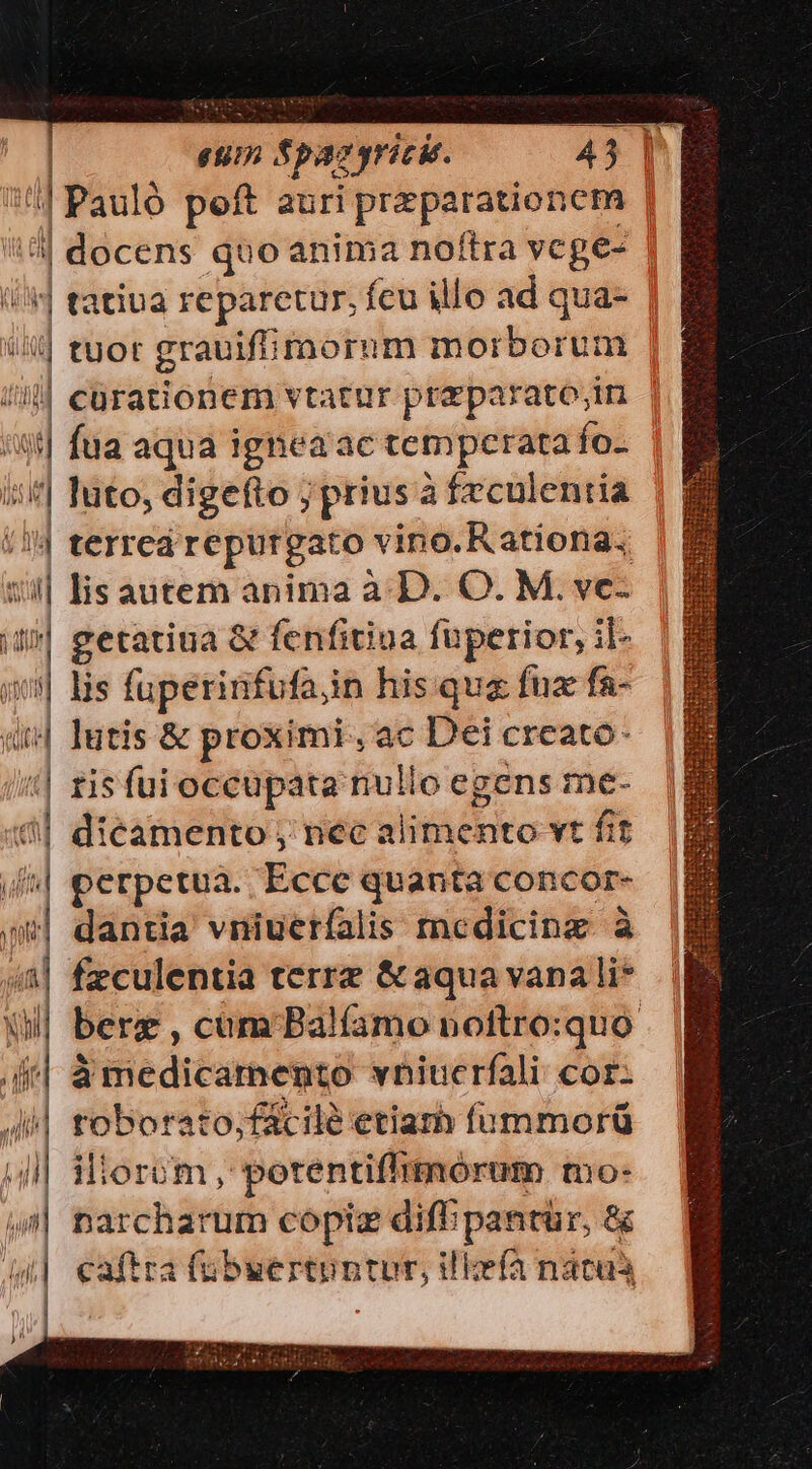 1737. » $pz: eyricie. 41 | )| Paulà peft auri preparationem | a 0T quo anima noftra vcge- | tatiua reparetur, fcu illo ad is l| tuot graviffimorum morboruzn ii| cürationem vtatur przparato;in : fua aqua ignea ac temperata fo. «| luto, digefto ; prius àfrculentia (!] terread repurgato vino.Rationa; f i lis aütem anima à. D. O. M. vc- m getatiua &amp; fenfitiua füpetior, il- | lis fuperinfufai in his qus fux fa-  lutis &amp; proximi , ac Dei creato: «i ris fuioccupata nullo egens me- 6| dicamento , nec sinhttita vt fit j  perpetua. Ecce quanta concor- | dantia vniuetíalis mcdicinz à i| fzculentia terre &amp; aqua vana li* j bere , cum Balíamo noftro:quo ir| à medicamento wniucrfali cor: Ai] toborato;fácilé etiarh fummorü 4i] Hiorom, potentiffimorum mo: (^| narcharum copiz diffipantür, &amp; caftra (ubuertuntur, illefa natas