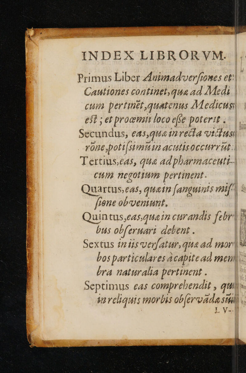 INDEX LIBRORVM. Primus Liber zfeimad'verftomes et:| Cautiones continet, qua ad Medi | cum pertinet quatenus AMedicusi | e$t ; et proamait loco effe poterit . Secundus, eas,quain reda vidus) vone,poti[simuin acutisocctmrat:) Tertiuseas, qua ad pbarmaceutt-) cum negotium pertinent. UATtHs, £45, quatn fanguints mif s: 7ene ob'ventunt, n Quintus;easquain curandis febr'| vh bus obf erwari delent . bos partic nlares Acapite ad meti. bra naturalia pertinent . Se eptimus eA$ conmpre! hendit , qui ka reliquis morbis ob[e META Y i REA T e y9 TITLE