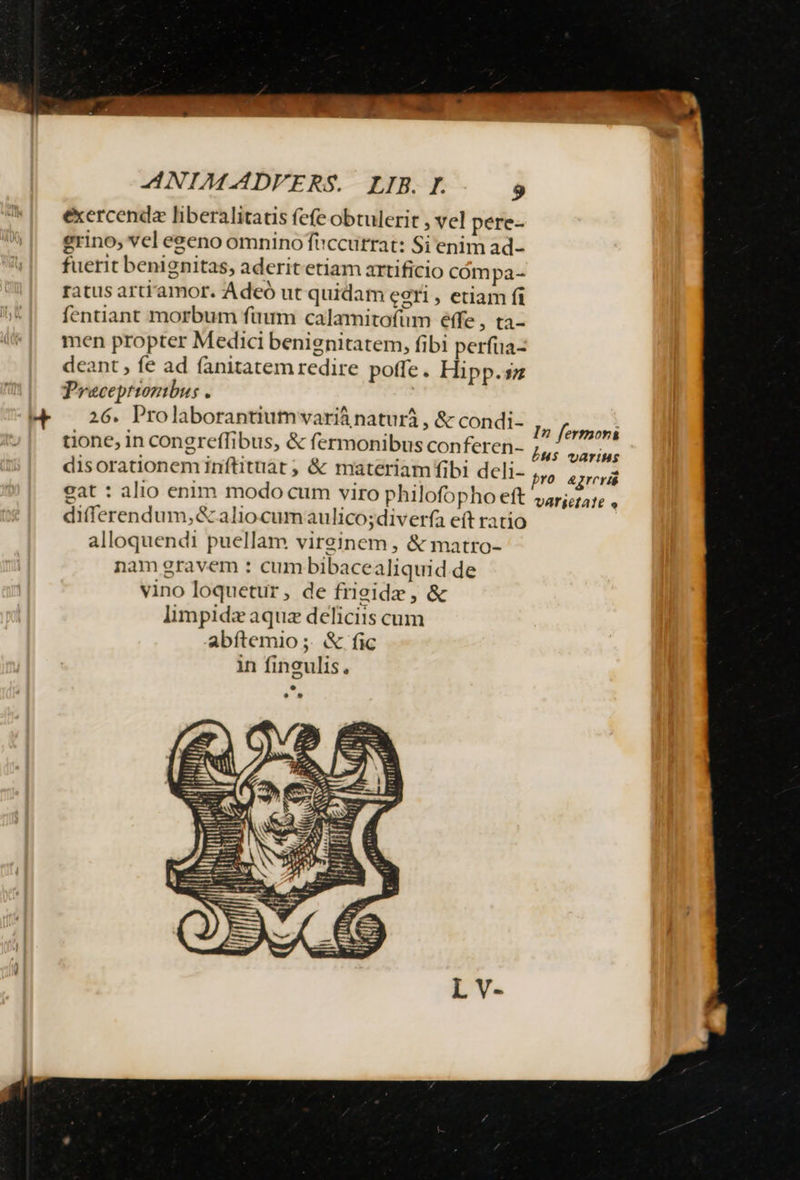 4 exercende liberalitatis fefe obtulerit , vel pere- erino, vel eeeno omnino füccurrat: Si enim ad- fuerit benignitas, aderitetiam artificio cóm pa- ratus artiamor. Adeó ut quidam eeri , etiam fi fentiant morbum fuum calamitofum éffe , ta- men propter Medici benignitatem, fibi perfua- deant , fe ad fanitatemredire poffe. Hipp.sz Preceprtozibus . 26. Prolaborantiumvariá naturá , &amp; condi- tione, in congrefTibus, &amp; fermonibus conferen- disorationeminftituat ; &amp; materiam fibi deli- gat : alio enim modo cum viro philofopho eft differendum,&amp; aliocumaulico;diverfa eft ratio alloquendi puellam vireinem , &amp; matro- nam gravem : cum bibacealiquid de vino loquetur, de frieide , &amp; limpidz aqua deliciis cum abftemio ;. &amp; fic in fineulis., In fermori bus varius pro agreráá VATRCÍATE o — I -—