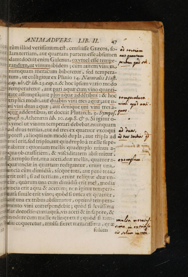 A rüm illud veriffimum eft ; cenfüiffe Grzcos, fo- tilamtertiam, aut quartam partem effe abfiimen dam:docuit enim Galenus; o xymcel efle tempc- jrandum,ut vi inumibidem ; cüm autem vinum, inumquam meracum biberetur , fed tempera- tum ; ut colligitur ex Plinio 14. AVaruralis Hiff. Wicap. ult. Ib.2.3.cap.1.&amp; hocipfum vario modo temperaretur , aut pari aqu cum vino quanti- Rtate affump A t plusaqua addétibus :&amp; hoc itriplici modo i£ duabus vini tres aqua;aut u- mi vini vtm ruei ;autdeniqueuni vinl tresa- uae addentibus; ut docuit Plutarch. 2 3- Sympof. Meuse[?.9. Athenzus Zzb. 1o. cap.S. C 9. Siigitur o- Ixymel ut vinum temperari dc ibba atjnumquam jad duas tertias,aut ad tres ex quatuor excoqui Jporeft - lioqüin non modo du pla , aut n Ja ad lim cleri, fed tripl io;aut quadruplo à melle füpe- Jirabitur : quoniam mellis —R minus a- dqua ob craffitiem , &amp; vifciditatem abfimitur . Exemplo fint;una aceti, due mellis, quatuor a- quz unciz in qu: irtam redigantur , erunt una illincia cm dimidià, sícquetota, aut penetota eric mel ; fi ad tertiam ;€runt reliqvz duzun- rim ,quarumuna cum dimidià erit mel , media &amp;ijincia erit a acetum; ncn gum ges | duri imilec erit vino; quód fi unica ex qvatuor, aut una ex tribusabfümatuor ; optimétempera- Jfmento vini correfpondebit ; quód fi ! | War decoctio cumaquá,vis aceti &amp; in fa flu odore cum melle  hnqvetur didiu coqueretur , mu po re, lía fieret mexaeifima . ^ . 46 evita m Ps V. v evaee-