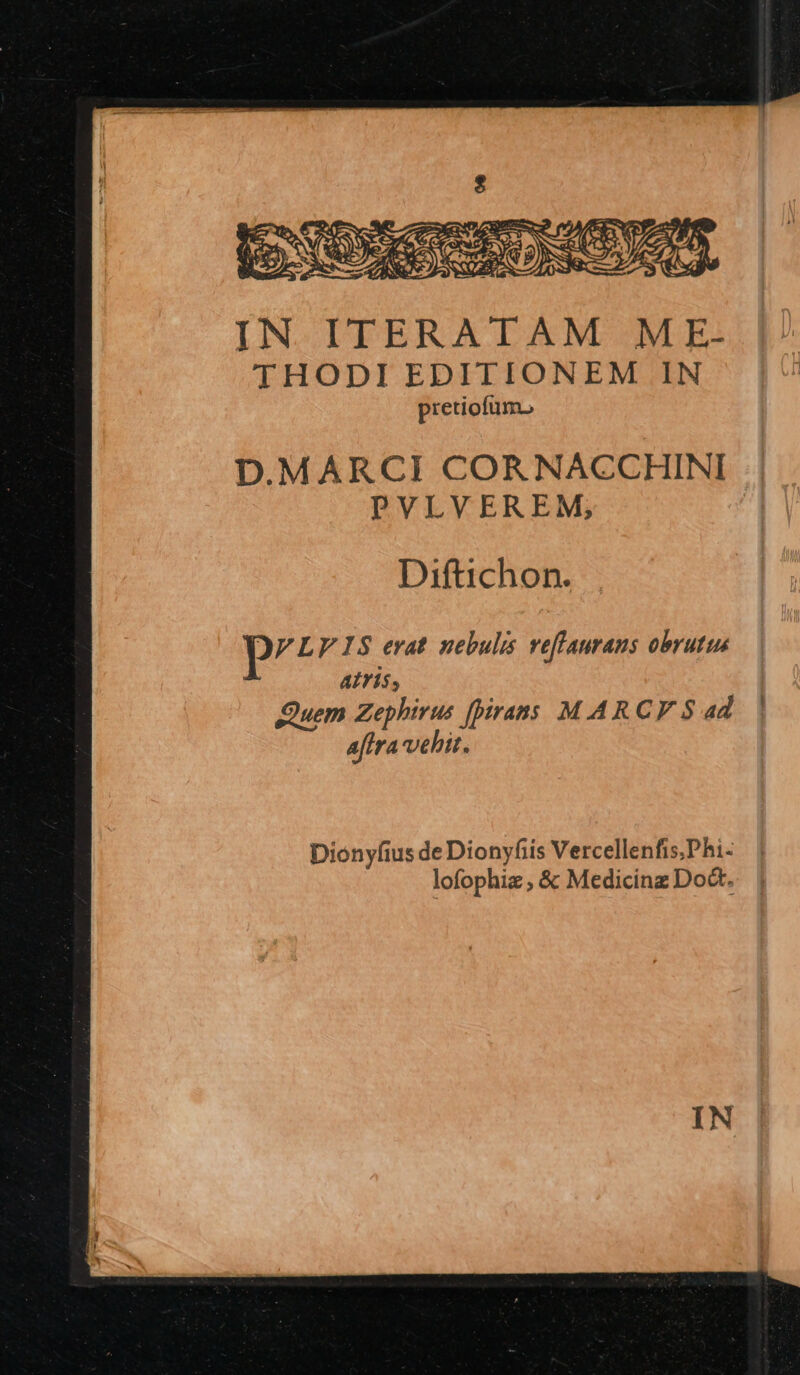 IN ITERATAM ME- THODI EDITIONEM IN pretiofum D.MARCI CORNACCHINI PVLVEREM, Diftichon. JF LF 18 erat nebulis veflaurans obrutus AÍTÍS, Quem Zephirus fpirans MARCFES ad | afira velit. Dionyfius de Dionyfiis Vercellenfis,Phi- lofophiz , &amp; Medicinz Do&amp;t.