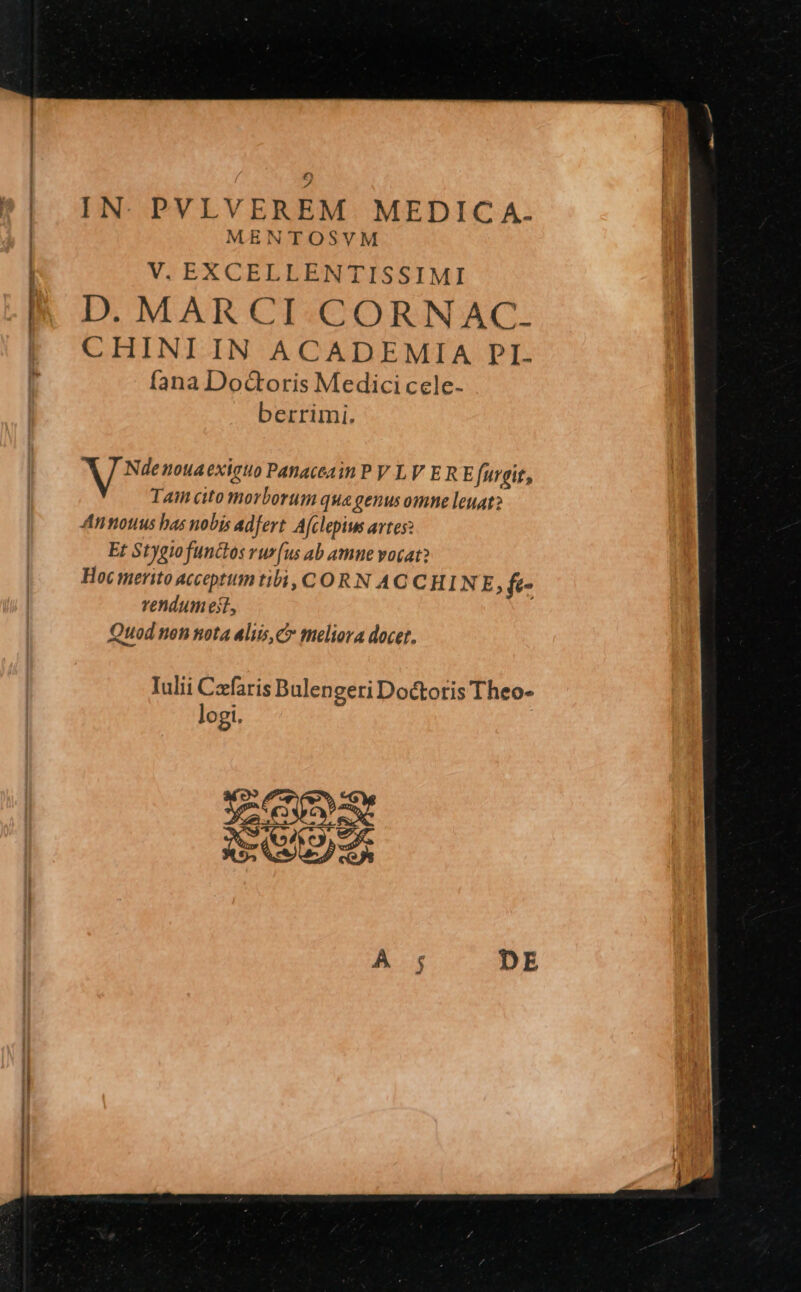 IN. PVLVEREM MEDIC A. | MENTOSVM | V. EXCELLENTISSIMI l| D. MARCI CORNAC. | CHINIIN ACADEMIA PI. fana Doctoris Medici cele- berrimi. MA denouaexisuo Panaceain P V LV ERE furgit, Tam cito morborum qua genus omne lenat? Antiotus bas nobis adfert. Afclepius artes: Et Stygiofunctos rur[us ab amne vocat? Hoc merito acceptum tibi, CORN AC CHINE, ft- rendum est, Quod nen nota aliis, c meliora docet, Iulii Caefaris Bulengeri Doctoris Theo- logi.
