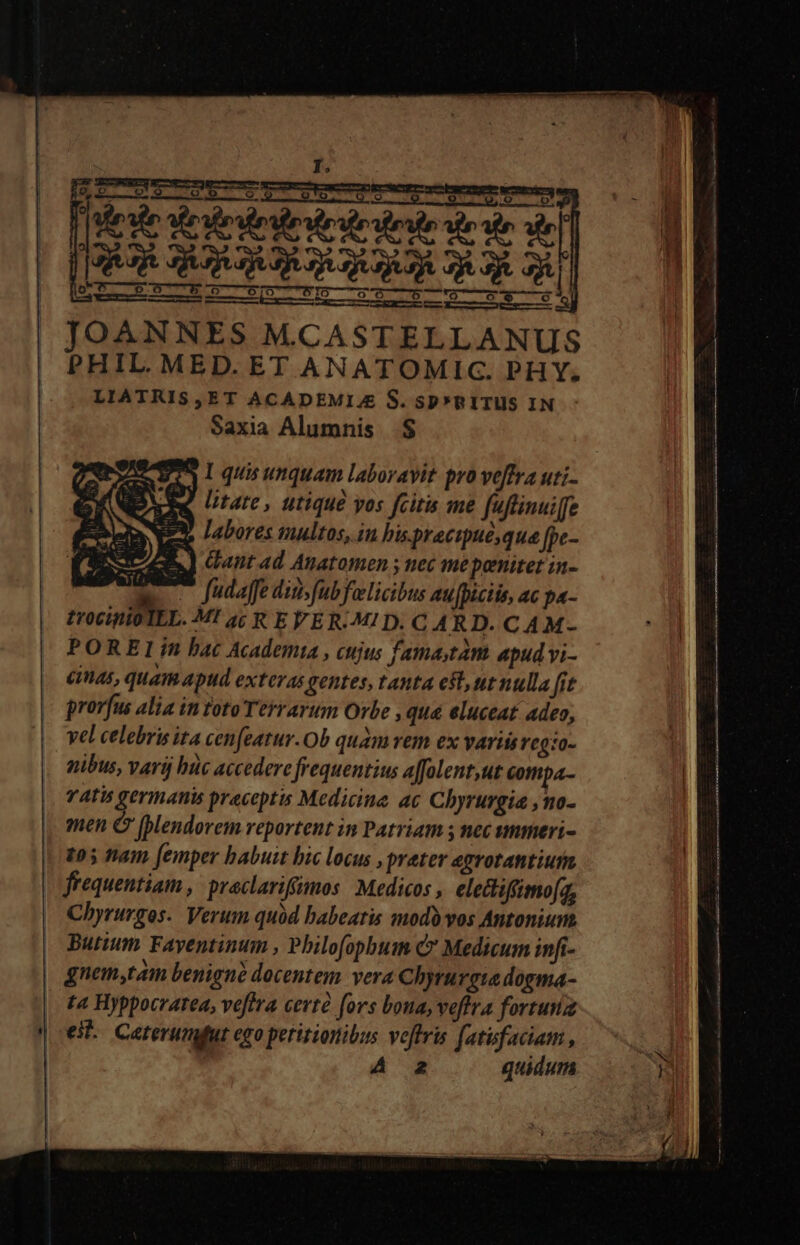 lU eet — TECCHINeT Mo JOANNES M.CASTELLANUS PHIL. MED. ET ANATOMIC. PHY. LIATRIS,ET ACADEMIJ/E S. SP*RITUS IN Saxia Alumnis . $ i me Ui Iq unquam laboravit pro veffra uti- BAND EE lirate, utique vos feiris me fuflinui[fe [s D m labores multos, in bis precipue que Jpe- ESI n] Gant ad Anatomen ; nec mepenitet in- o fudaffe ditisfubfuelicibus aufpiciis, ac pa- trocinto TEL. M! 4; R EPER.MID. CARD. CAM- POREL ín bac Academia , cujus famastam apud vi- cinas, quam apud exteras gentes, tanta est ut nulla [it prorfus alia in toto Terrarum Orbe , qua eluceat adeo, vel celebris ita cenfeatur.Ob quam vem ex variis 1'tQ:0- nibus, Varij huc accedere frequentius a[folent,ut compa- YI germanis praeceptis Medicine ac Chyrurgia ,no- men C (Mendorem reportent in Patriam 5 nec mmeri- t05 ham [emper babuit bic locus , prater egrotantiuta frequentiam, praclarifmos Medicos , eletlifimo[a, Chyrurges. Verum quód babeatis modi vos Antonium. Butium Fayentinum , Pbilofopbum C Medicum infi- | gnem,tam benigné docentem. vera Chyrurgiadogma- | fa Hyppocrarea, veftra certà fors boua, veftra fortuna cei. Caterungtur ego peritiotibus veftris fatufaciam , ! A 2 quidum - F.