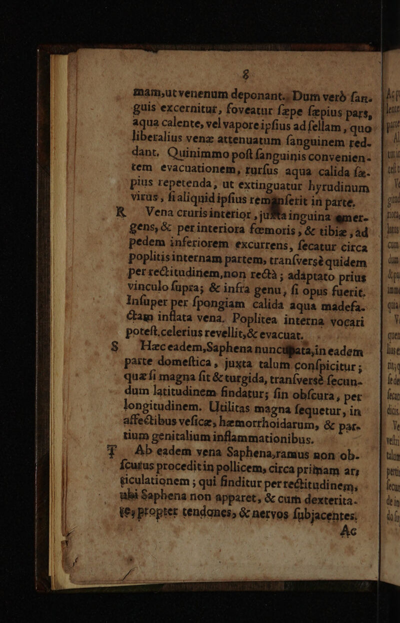 $ mam,;ut venenum deponant., Dum verb fan... |. guis excernitut, foveatur Ízpe fzpius pars, aqua calente, vel vaporeipfius ad fellam , quo- liberalius venze attenuatum fanguinem red. dant, Quinimmo poft fanguinis convenien- tem. evacuationem, ruríus aqua calida fa. pius repetenda, ut extinguatur hyrudinum virus , fialiquid ipfius remaníetit in parte. K —Venacrurisintetior , jua inguina emer. gens, & perinteriora femoris , & tibie , àd pedem inferiorem excurrens, fecatur circa poplitisinternam partem, tran(versé quidem per rectitudiriem,non redà ; adáptato prius vinculo fupra; & infra genu, fi opus fuerit. Iníuper per Ípongiam calida aqua madefa. cam inflata vena. Poplitea interna vocari poteft.celerius revellit,& evacuat. Hac eadem,Saphena nuncilfjatajin eadem paite domeftica, juxta talum confpicitur ; qua íi magna fit & turgida, traníversé fecun- dum latitudinem findatur; fin obícura , per longitudinem. Uilitas m2gna fequetur, in affectibus vefice, hemorrhoidarum, & par- uum genitalium inflammationibus. Ab eadem vena Saphena,ramus non ob. Ícutus proceditin pollicem, circa priam ar; giculationem ; qui finditur per rectitudinem, nhi Saphena non apparet, & cum dexterita. (es propter tendanes; & nervos Aperte ic