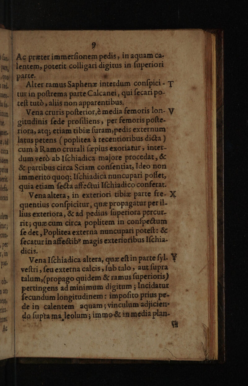 arte. ' Alter ramus Saphenz interdum conífpici - T teft tutó , aliis non apparentibus. Vena cruris pofterior,à media femoris lon- V gitudinis fede profiliens, per femoris pofte- riora, atq; etiam tibi furam,pedis externum latus petens ( poplitea à recentioribus dicta cum à Ramo cturali (pius exoriatur ; intez- dum verb. ab I(chiadica majore procedat , óc &amp; partibus citca Sciam confentiat, Ideo non quia etiam fecta affectui I(chiadico conferat. Venaaltera, in exteriori tibiz parte fre- X rit; quz cum circa poplitem in confpe&amp;tum fe dec , Poplitea externa nuncupari poteft: &amp; fecaturinaffeétib? magis exterioribus Iíchia- dicis. Vena Iíchiadica altera, quz eftin patte fjl. Y vetri , feu extetna calcis» fub calo ; aut fupra talum,(propago quidem &amp; ramus fuperioris) pertingens ad minimum digitum ; Incidatur fecundum longitudinem : impofito prius pe- de in calentem aquam ; vinculum adjicien» do fuptama,leolum; immo&amp; in media plan- a