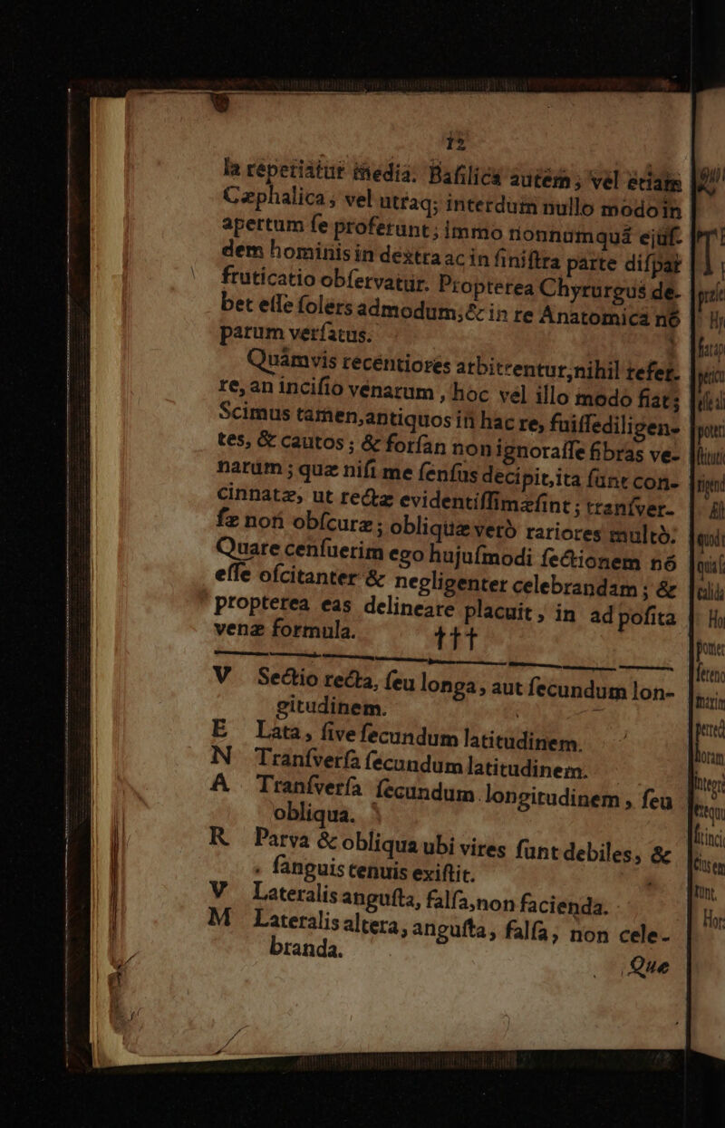 bet etIe folers admodum;&amp; in te Anatomicá nó re, an incifio vénarum , hoc ve] illo modo fiat; tes, &amp; cautos ; &amp; forfan noni gnoraffe fibras ve- narüm ; quz nifi me fenfus deci pitita funt con- cinnatz, ut recte evidentiffimzfint ; trzníver- fz no obícurz ; obliqua vero rariores multo; Quare cenfuerim ego hujufmodi fe&amp;ionem nó efe oícitanter &amp; negligenter celebrandam ; &amp; propterea eas delineare placuit, in ad pofita venz formula. ttt no MU Mio B. ! Sectio recta, (eu longa, aut fecundum lon- gitudinem. t. Lata, five fecundum latitudinem. Tranfver( fecnndum latitudinem. Traníverfa fecundum. longitudinem, feu obliqua. Parva &amp; obliqua ubi vires fant debiles, &amp; fanguis tenuis exiftic. Lateralis anguíla, falfanon facienda. Lateralis altera; angufta, falfa, non cele- fete