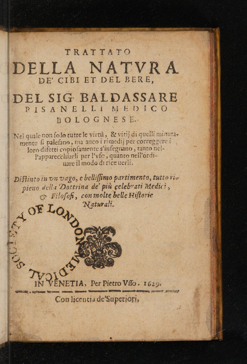 | pui e dg TRATTATO DE CIBI ET. DEL BERE, DEL SIG. BALDASSARRE PISANELLI MEDICO BOLOGNESE. Tx AP Nel quale non folo tutrele virtù, &amp; vitij.di quelli minuta» mente fi palefano, ima anco i rimedi) per correggere i loro difetti copiofamente s'infesnano , tanto nel- l'apparecchiarli per l’vfo , quanto nell’ordi- nare Il modo dirice veri!. C7 è'100]0 3 ra IN VENETA, Per Pietro Viio. 1629. ASI &gt; figlia Verasoa: CRISI VISI VEPAAZIONEI GEETZTO peasià rag irrrae ener a Con licentia de’'Superiori,